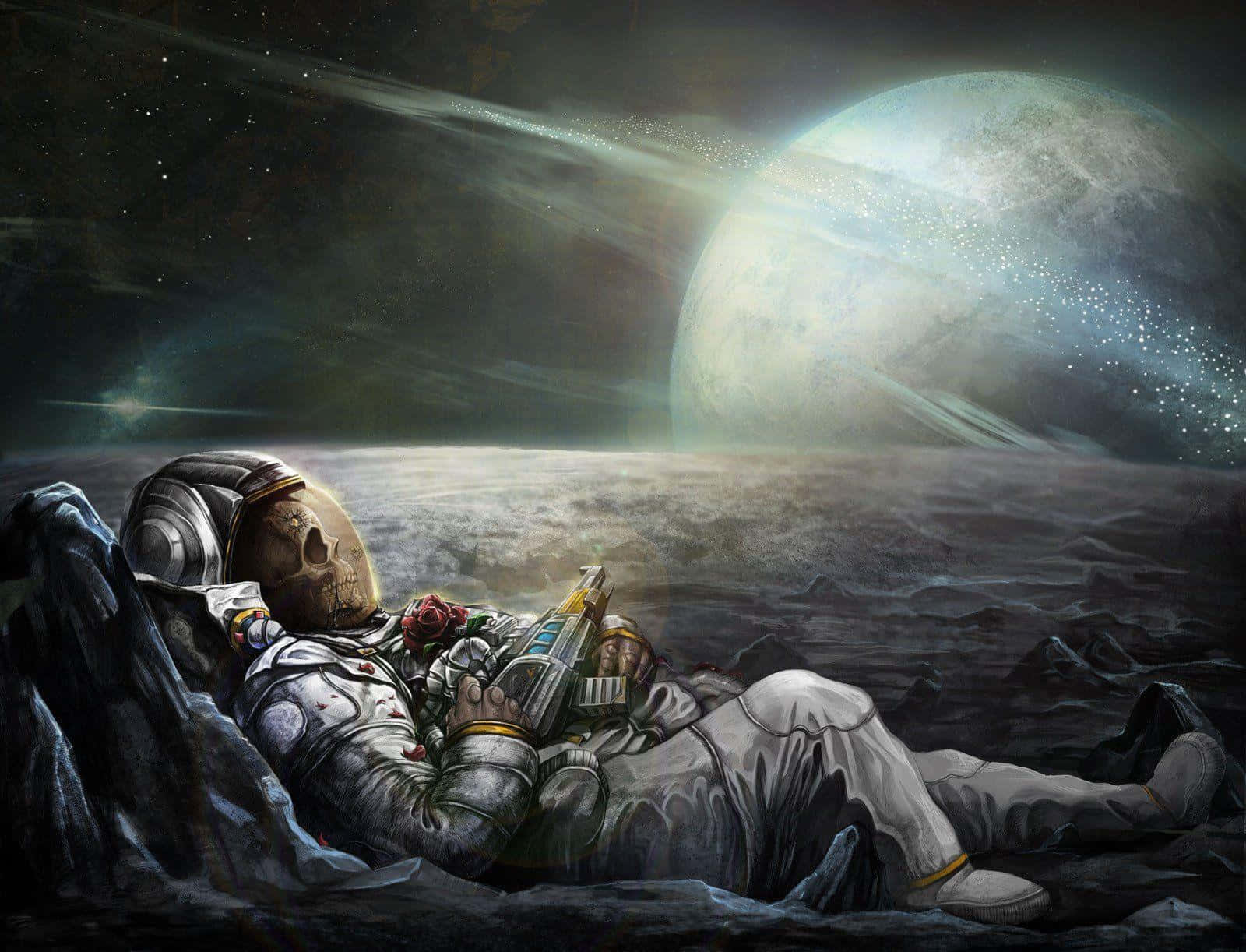A Lone Astronaut Exploring the Moon's Surface, skeletal astronaut, alien planet, HD Desktop Wallpaper