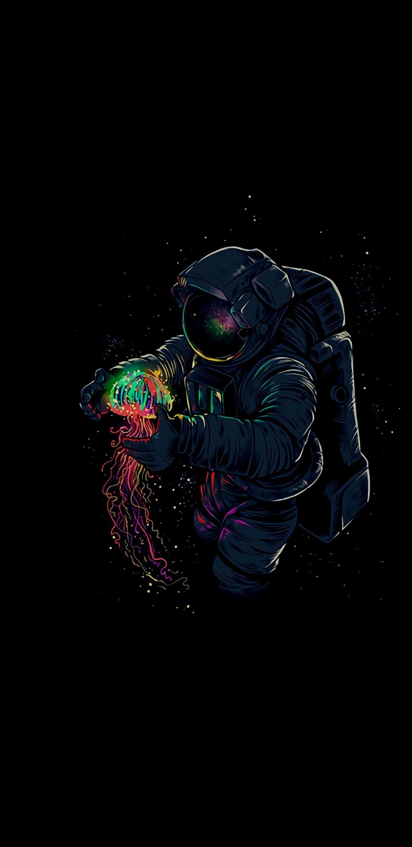 Astronaut, glowing neon jellyfish, starry black void, 2K Phone Wallpaper