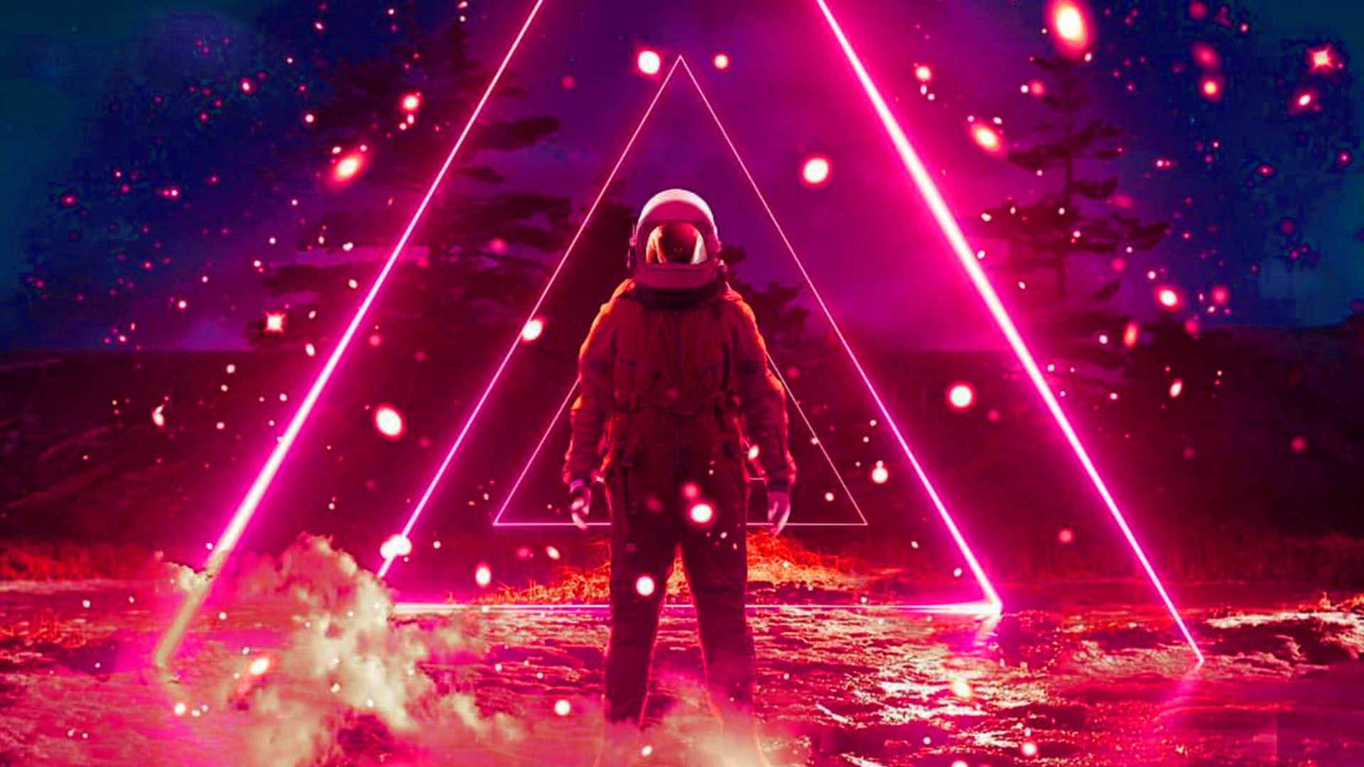 astronaut, neon triangle, glowing pink triangular portal, Full HD Desktop Wallpaper