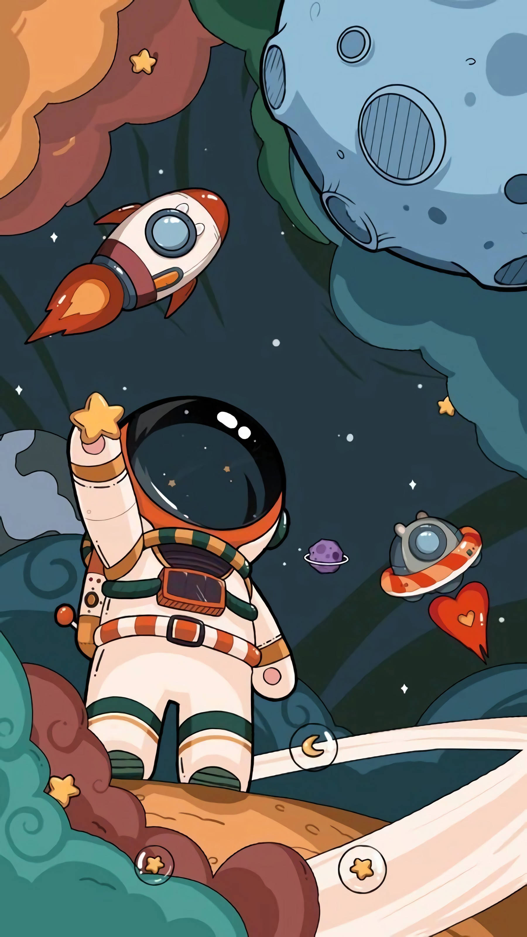 cartoon astronaut, striped suit, star, 2K Phone Wallpaper