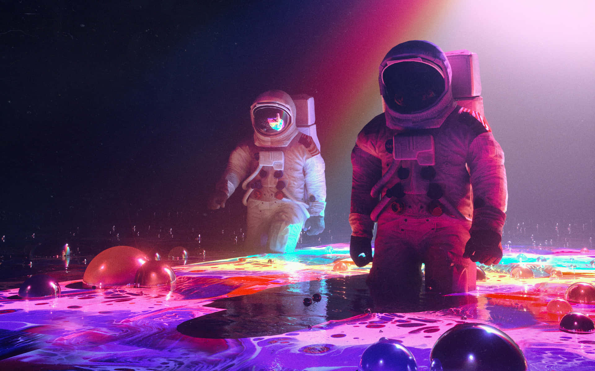 neon astronaut, glowing neon liquid pool, cosmic rainbow light, Full HD Desktop Wallpaper
