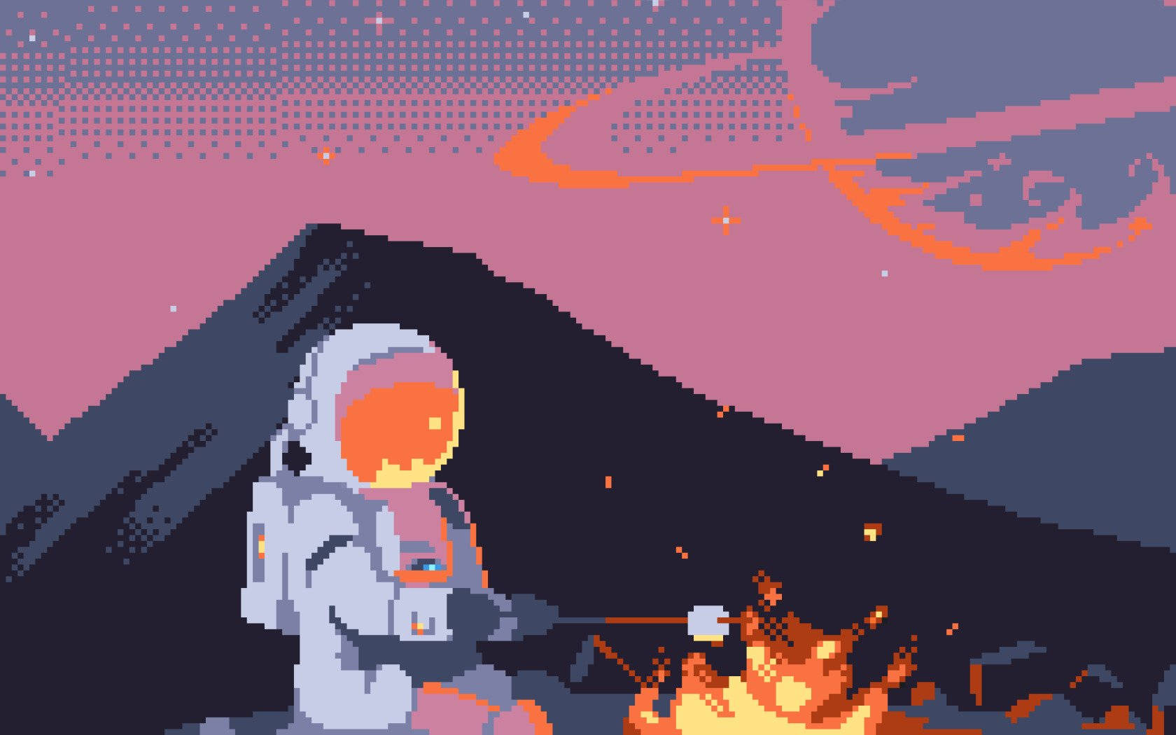 Google Pixel Desktop, Pixel-art astronaut, campfire, HD Desktop Wallpaper