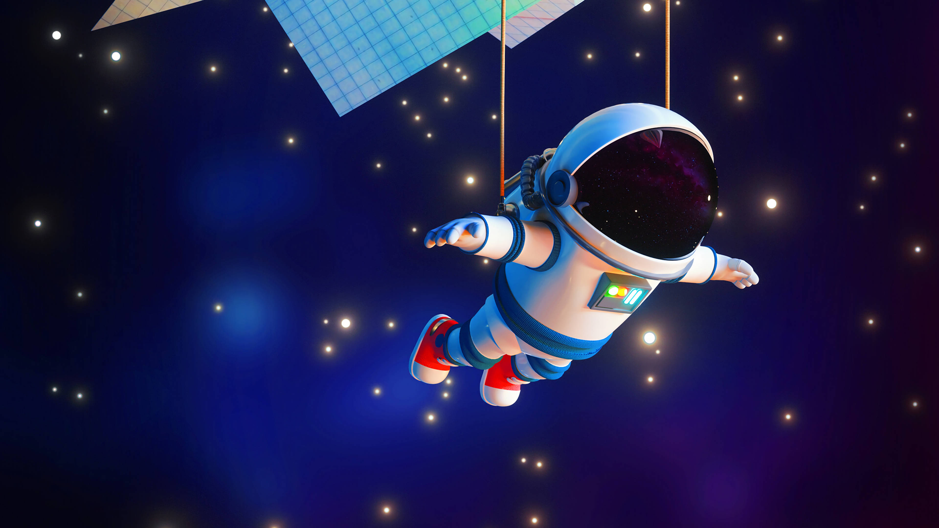 3D Cartoon Astronaut, satellite, glowing stars, 4K Desktop Wallpaper