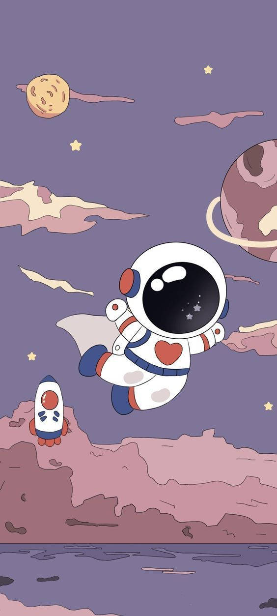 cartoon astronaut, heart emblem, pink clouds, SD Phone Wallpaper