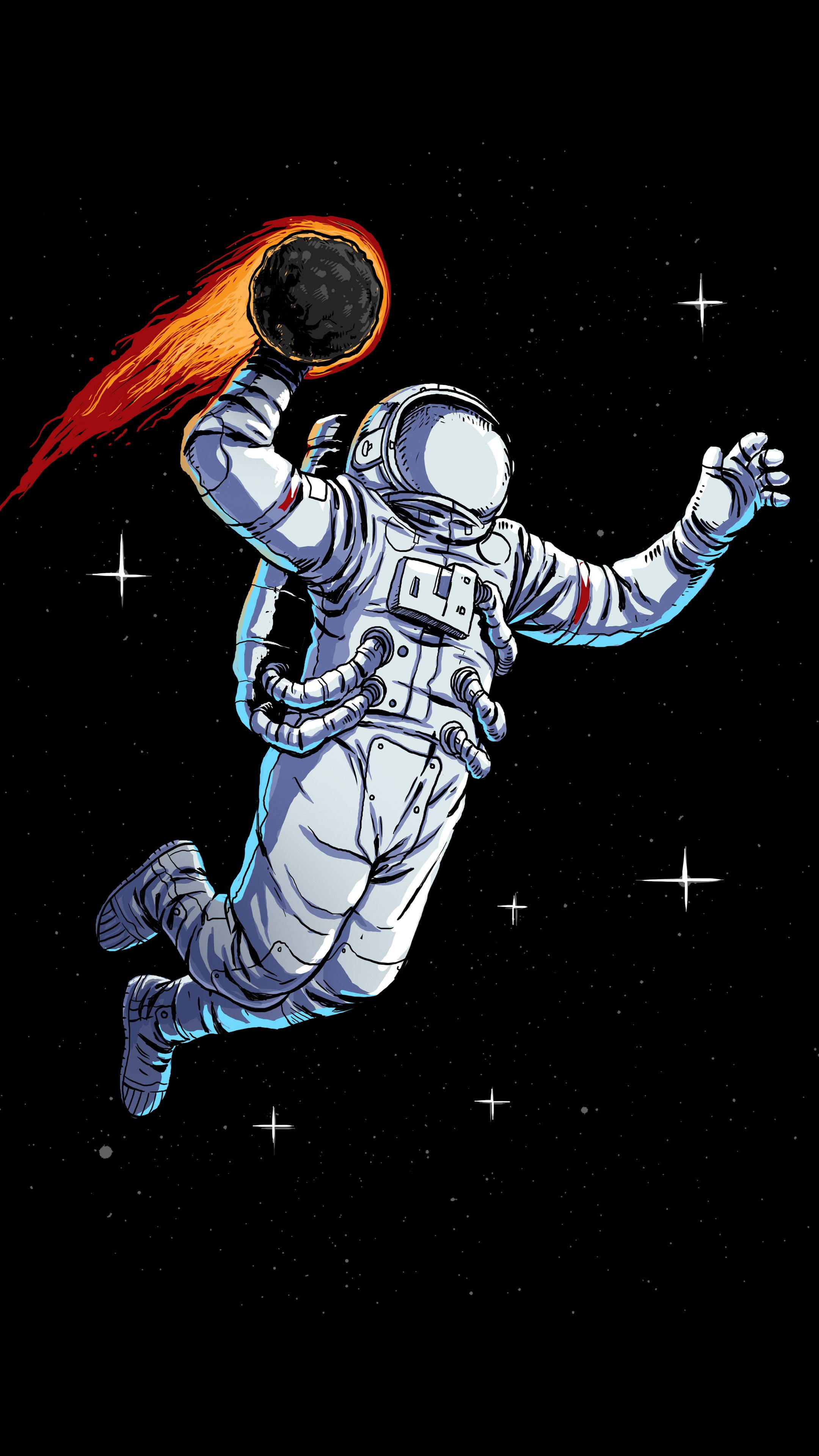 astronaut, spacesuit, fiery meteor, 4K Phone Wallpaper