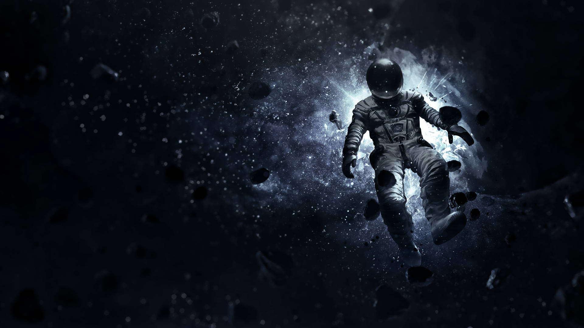 astronaut, deep space, floating debris, Full HD Desktop Wallpaper