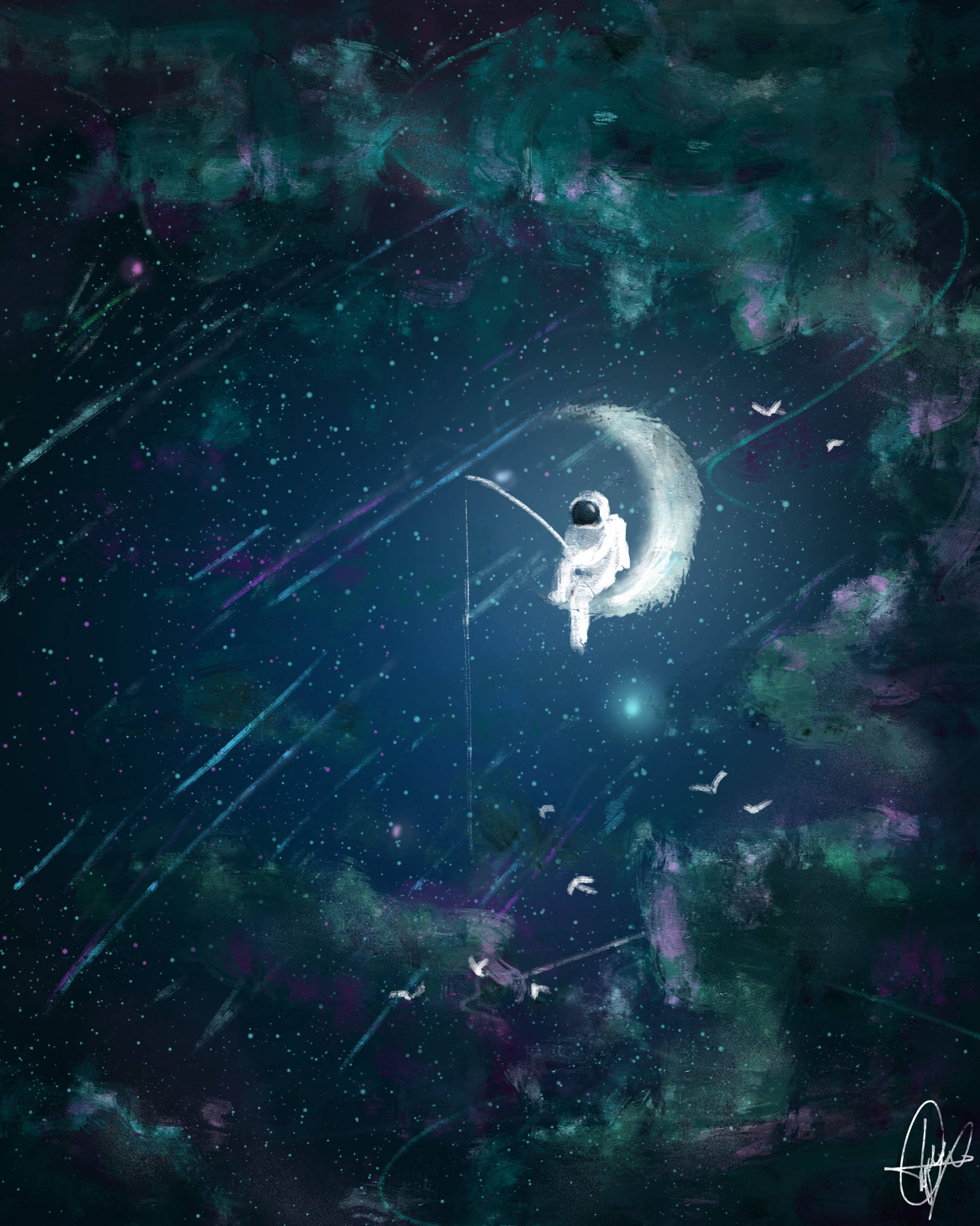 Astronaut, crescent moon, streaking meteors, 2K Phone Wallpaper