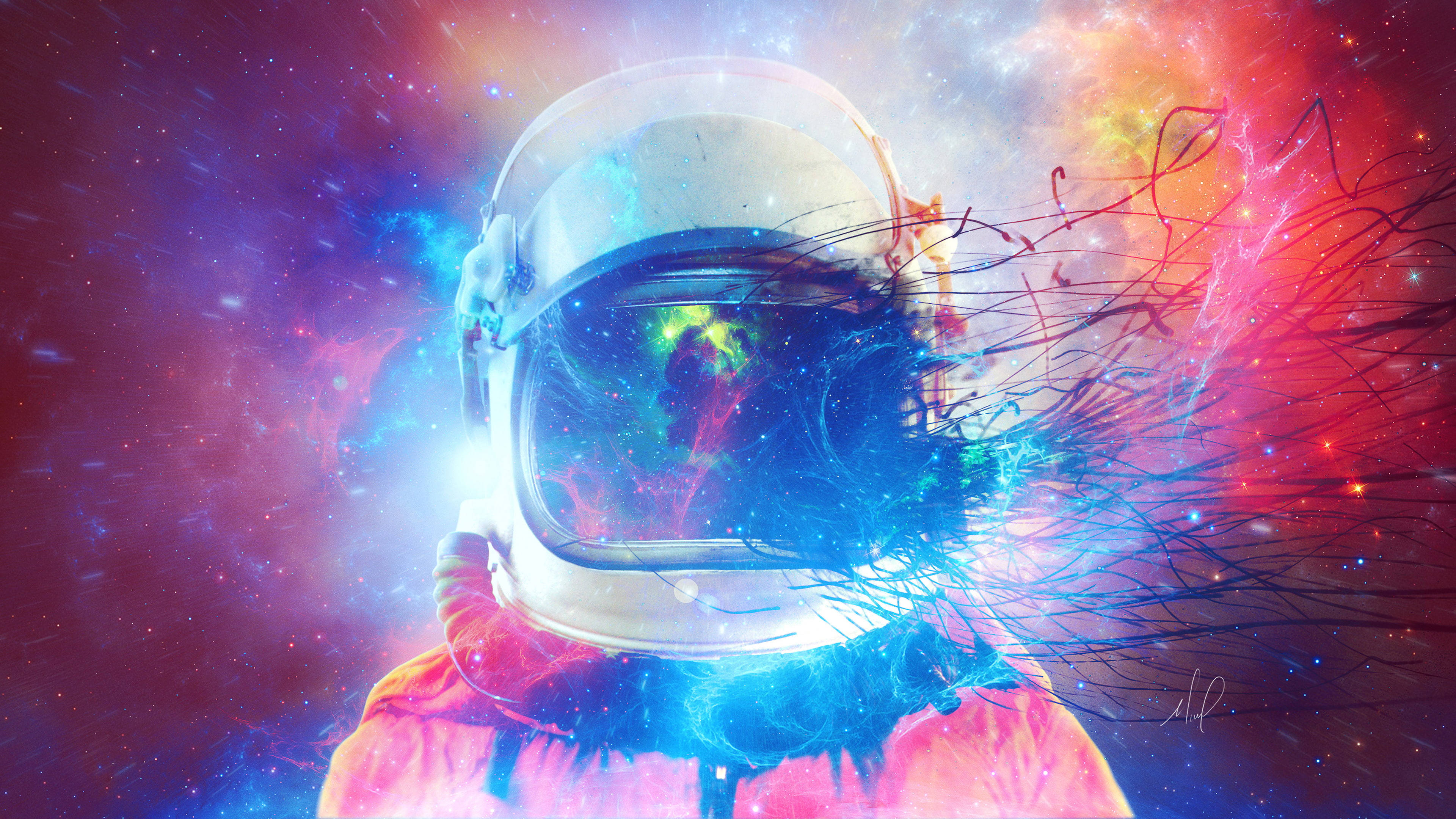 Astronaut, helmet, cosmic nebulae, 4K Desktop Wallpaper
