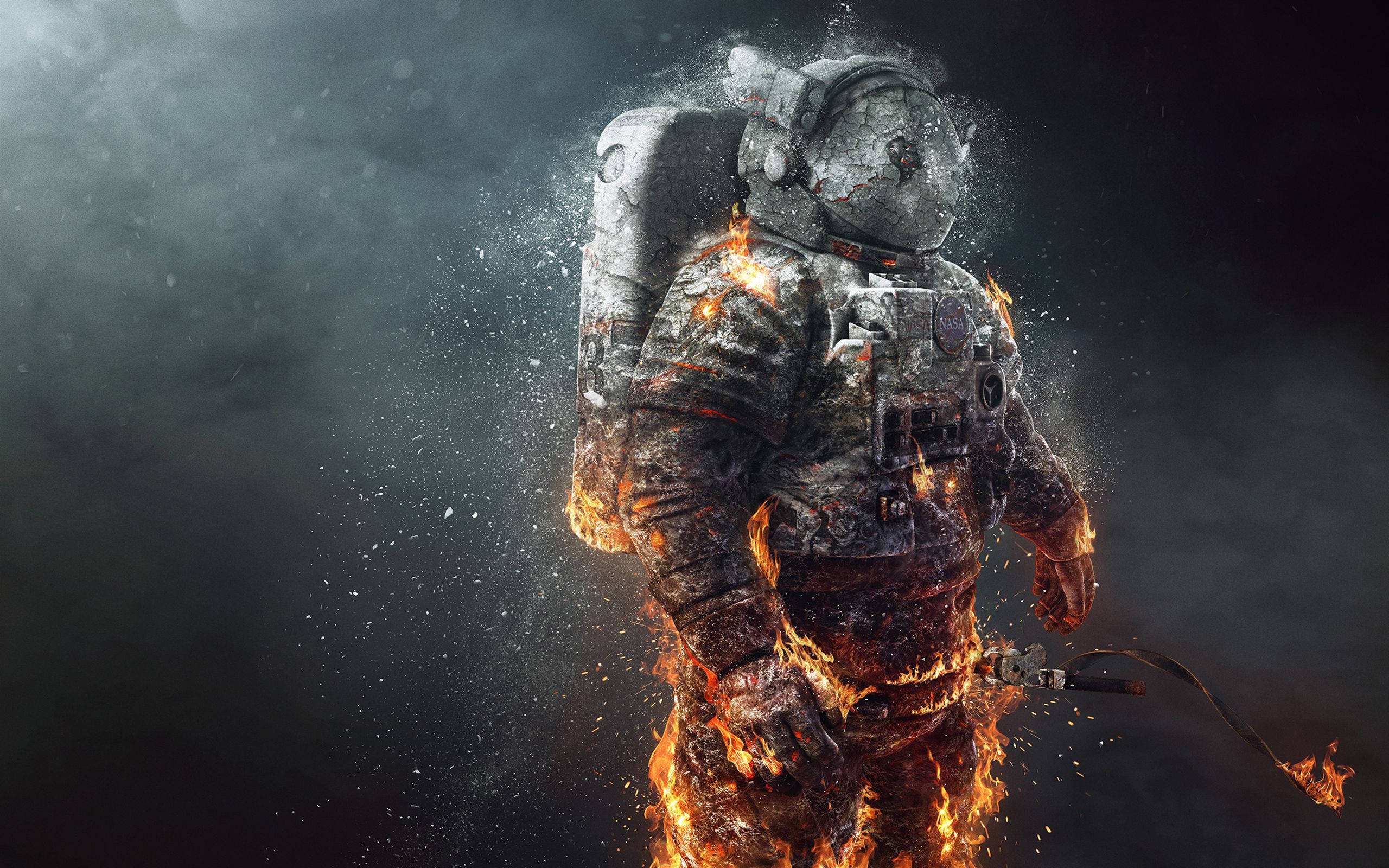 frozen burning space astronaut, burning astronaut, damaged suit, 2K Desktop Wallpaper