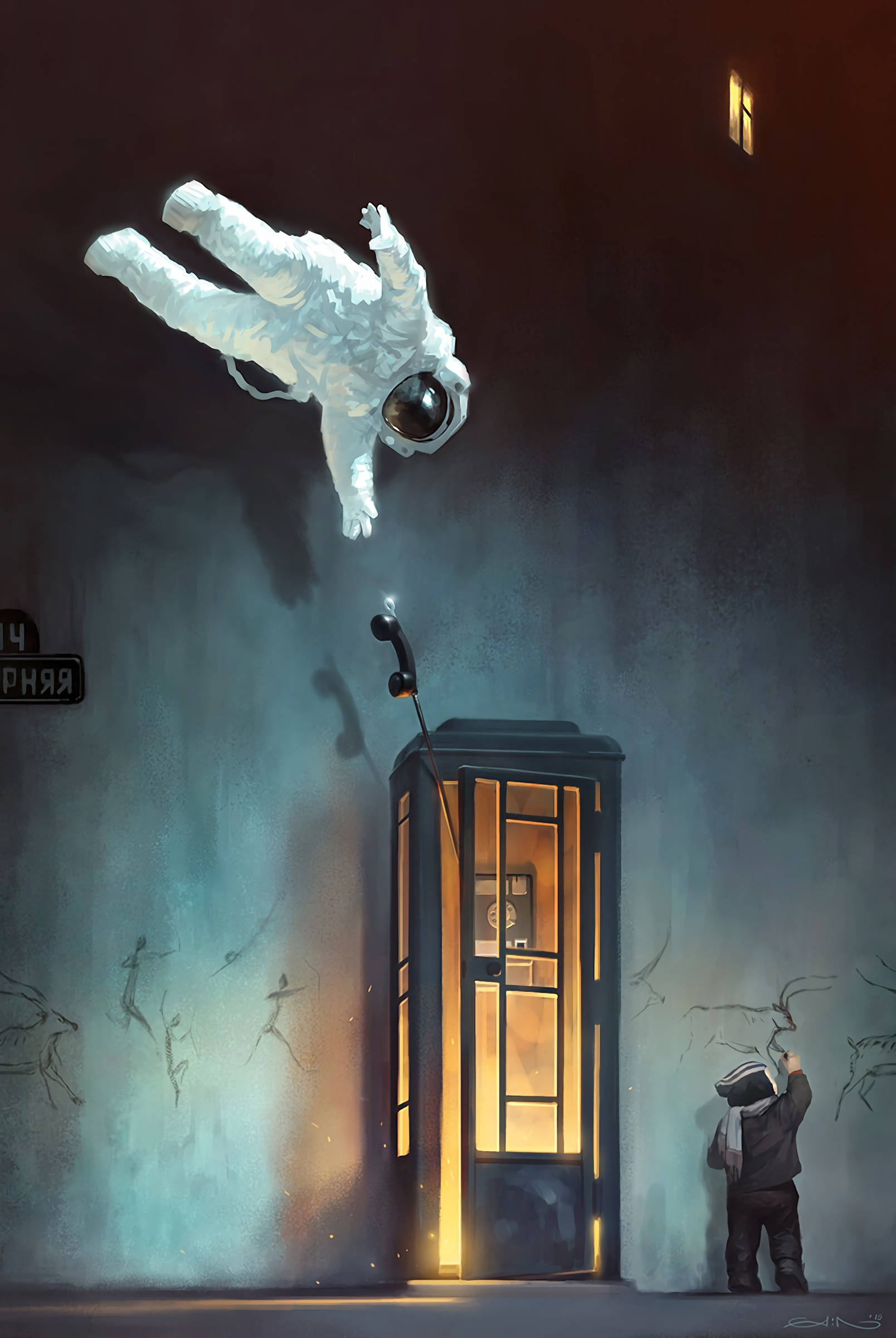 Astronaut, glowing phone booth, dimly lit urban alley, Full HD Phone Wallpaper