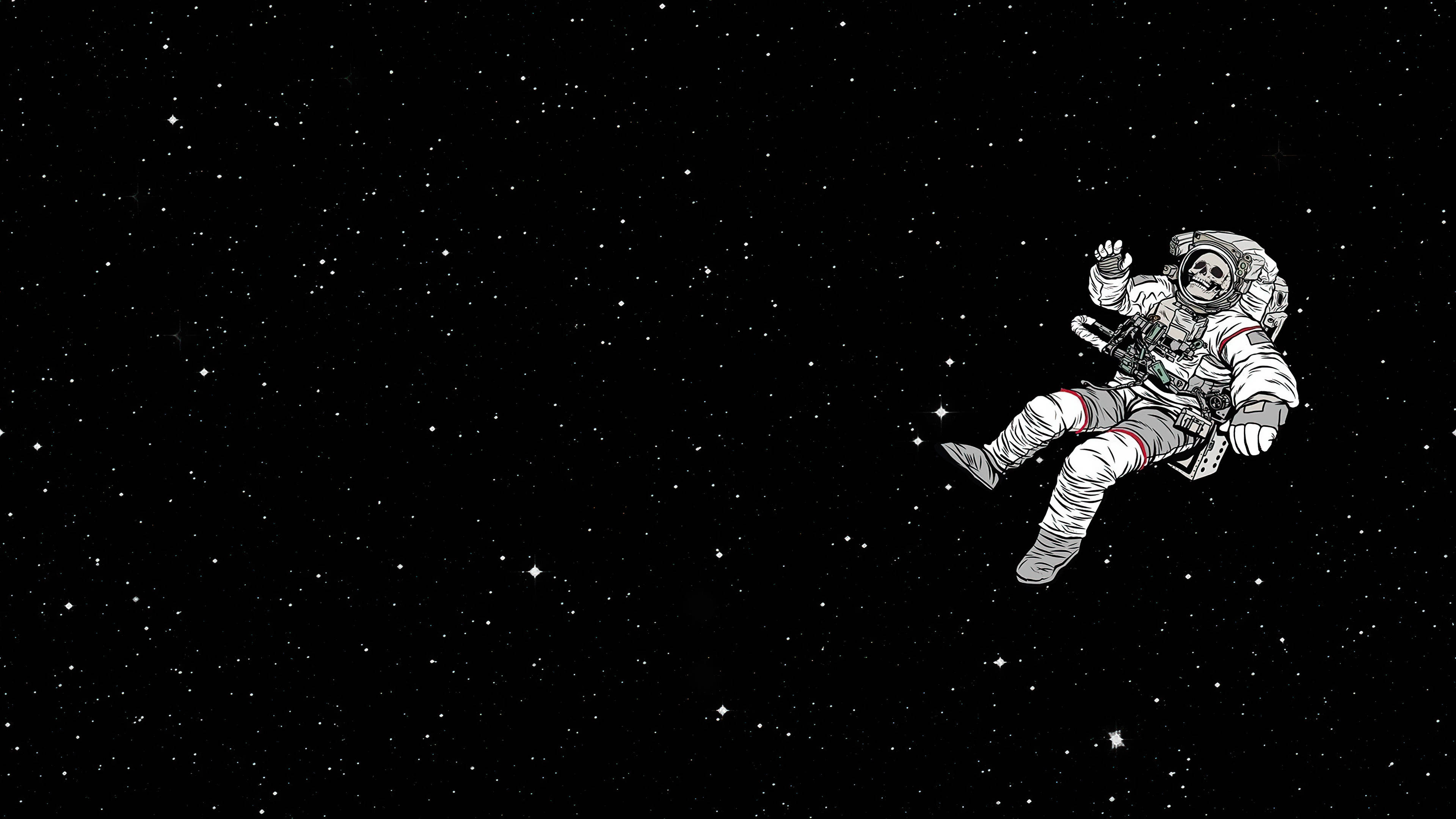 skeleton astronaut, star-filled black void, waving with one hand, 4K Desktop Wallpaper