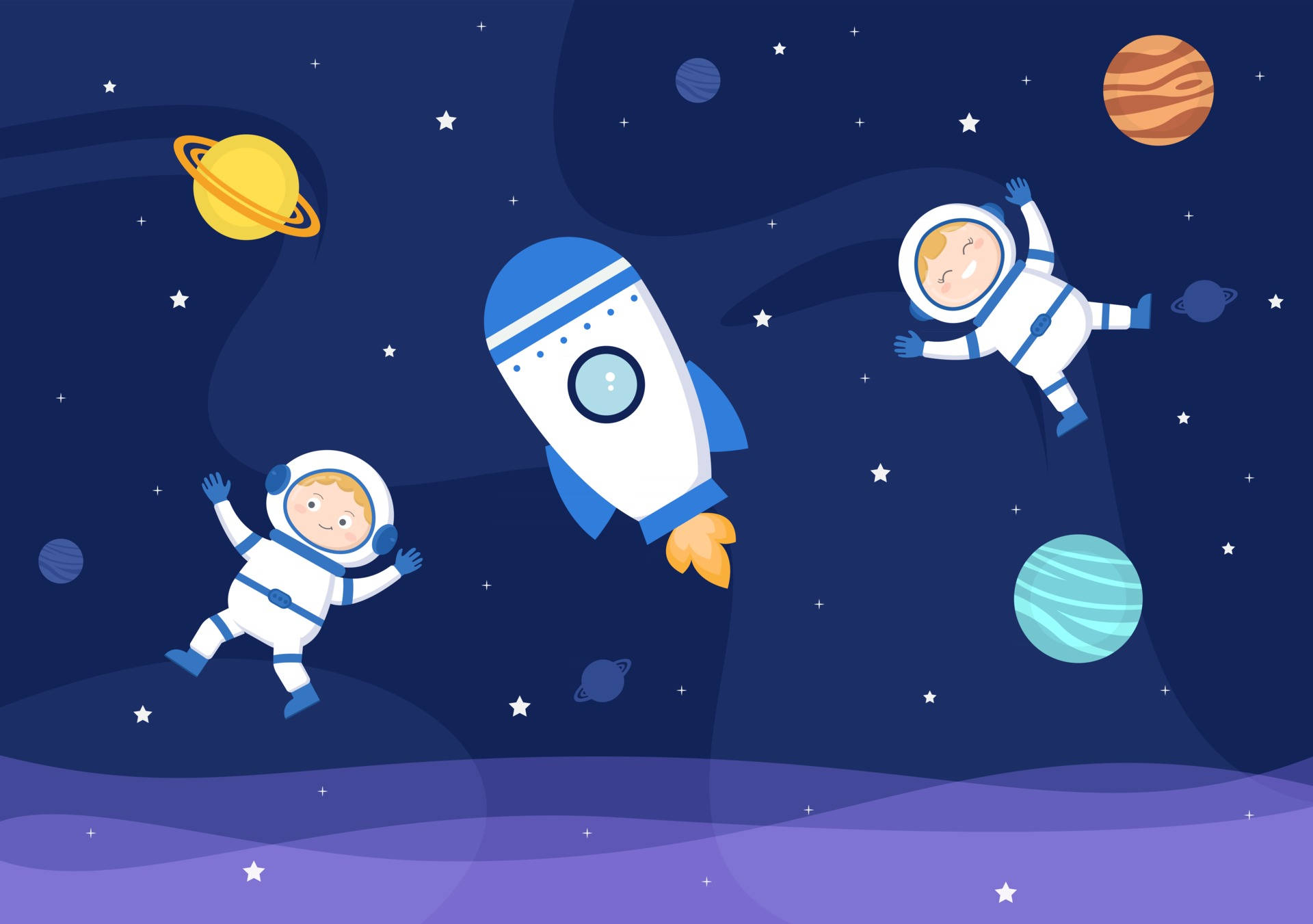 cartoon astronaut pair, colorful planets, stars, Full HD Desktop Wallpaper