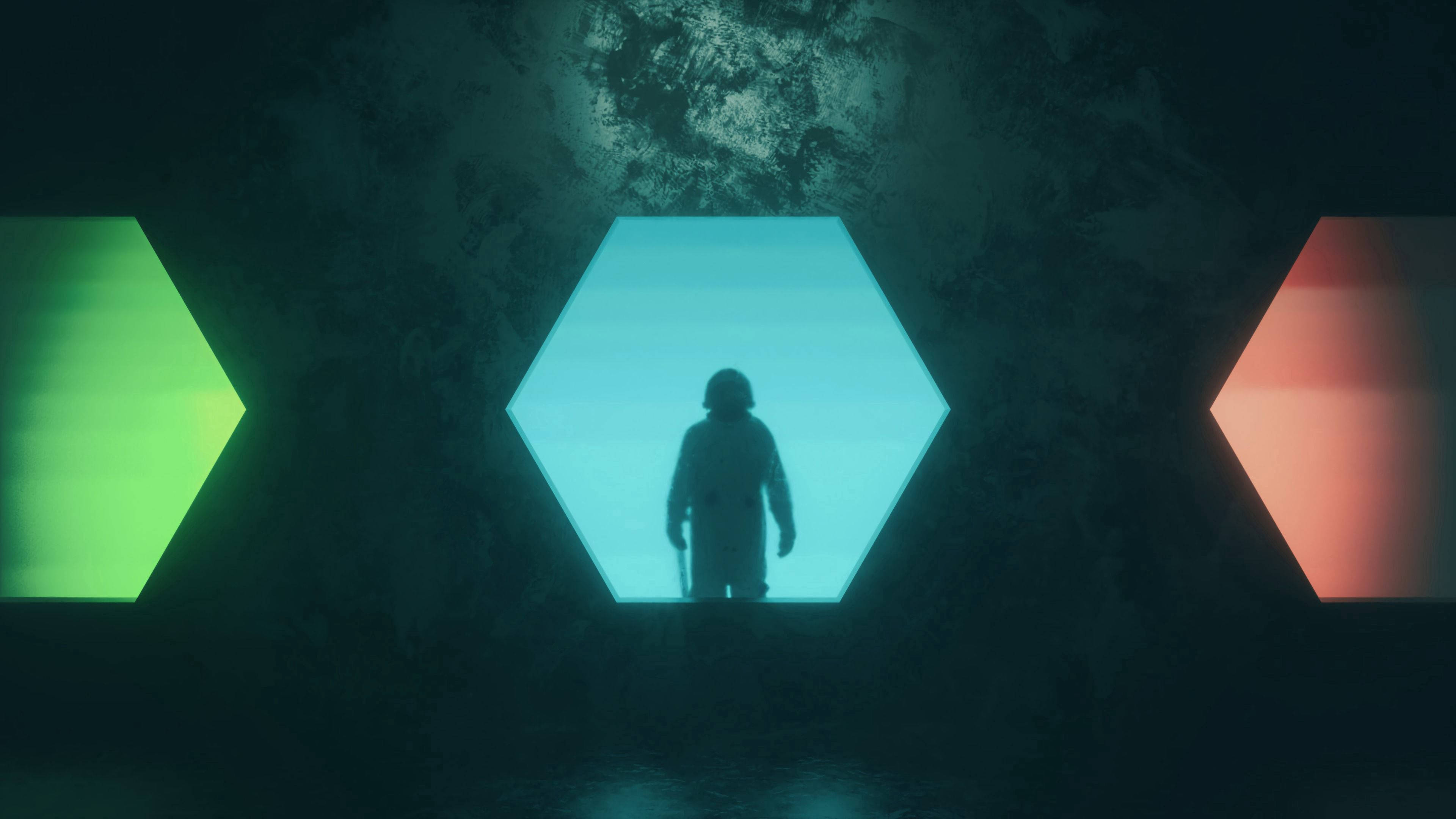 astronaut, glowing hexagonal portal, dark textured tunnel, 4K Desktop Wallpaper