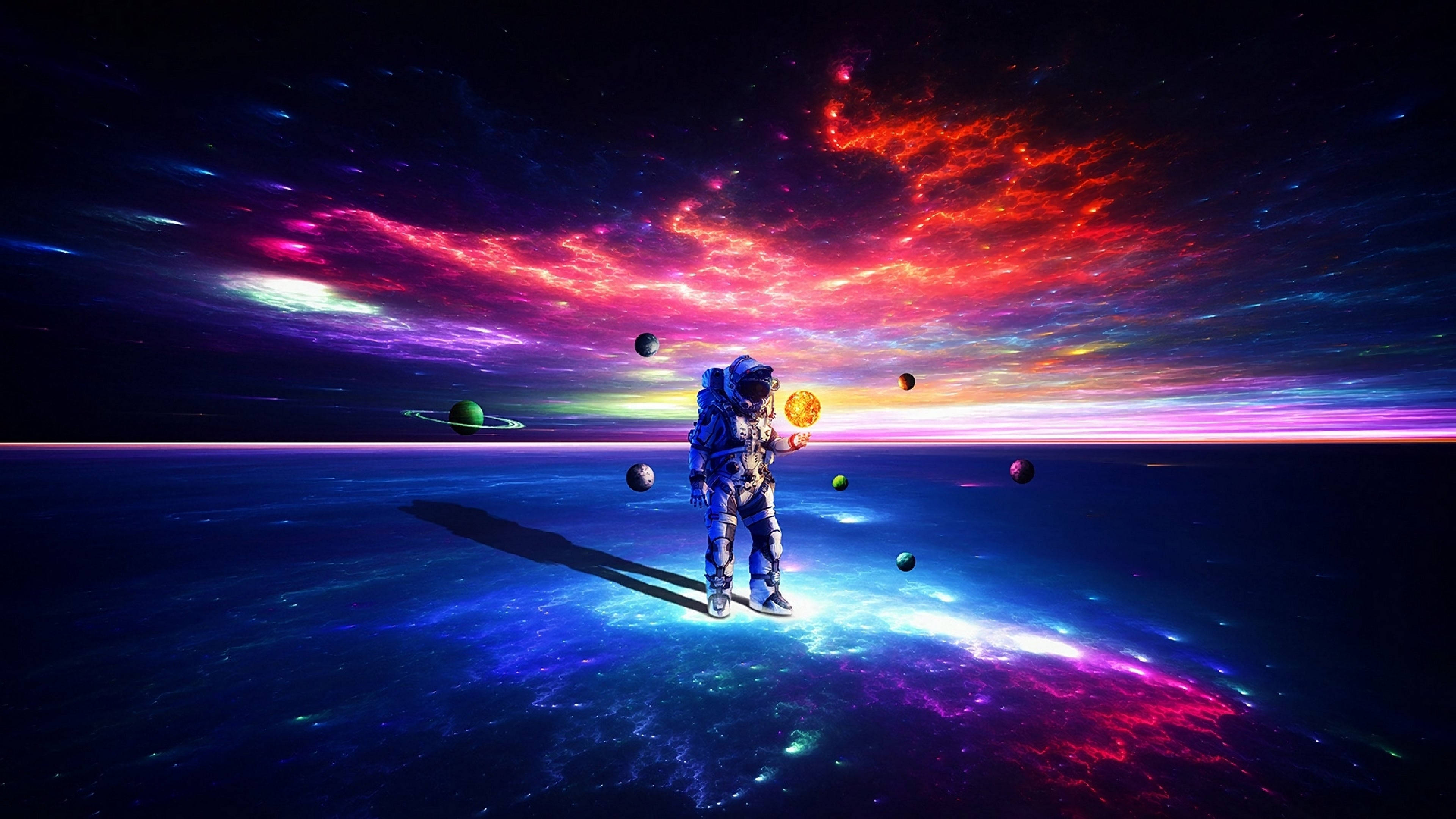 Astronaut, neon planet, vibrant nebula sky, 4K Desktop Wallpaper