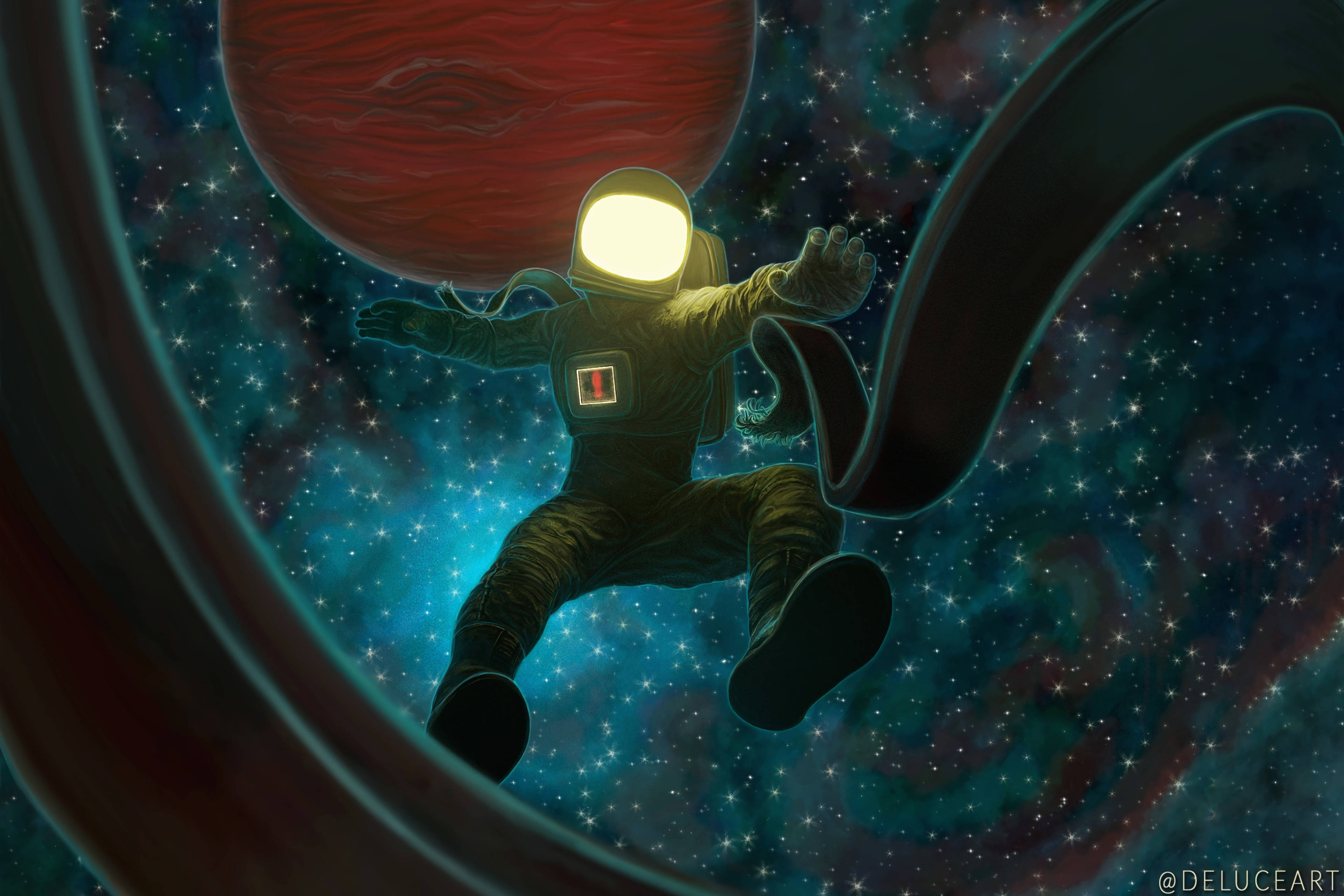 Astronaut, starry cosmic tunnel, glowing helmet, 4K Desktop Wallpaper