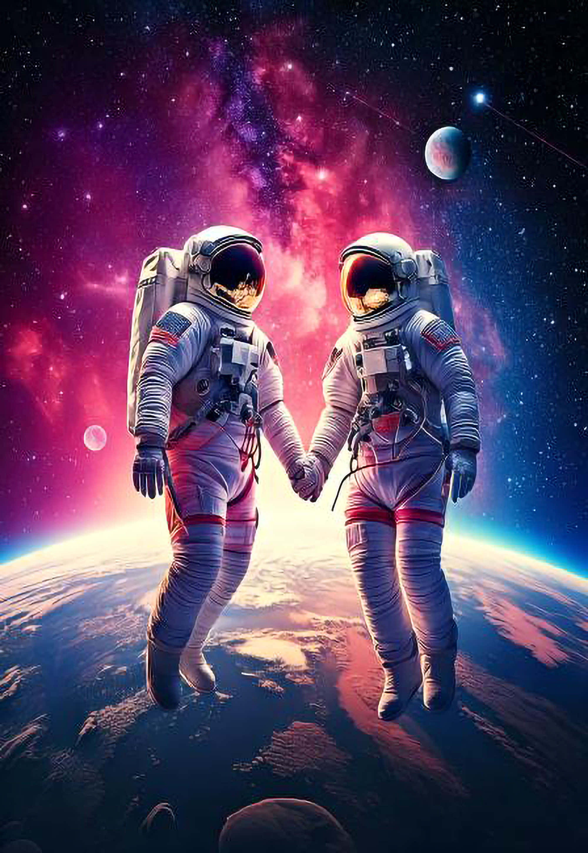 Astronaut, Earth, vibrant pink and purple nebula, 2K Phone Wallpaper