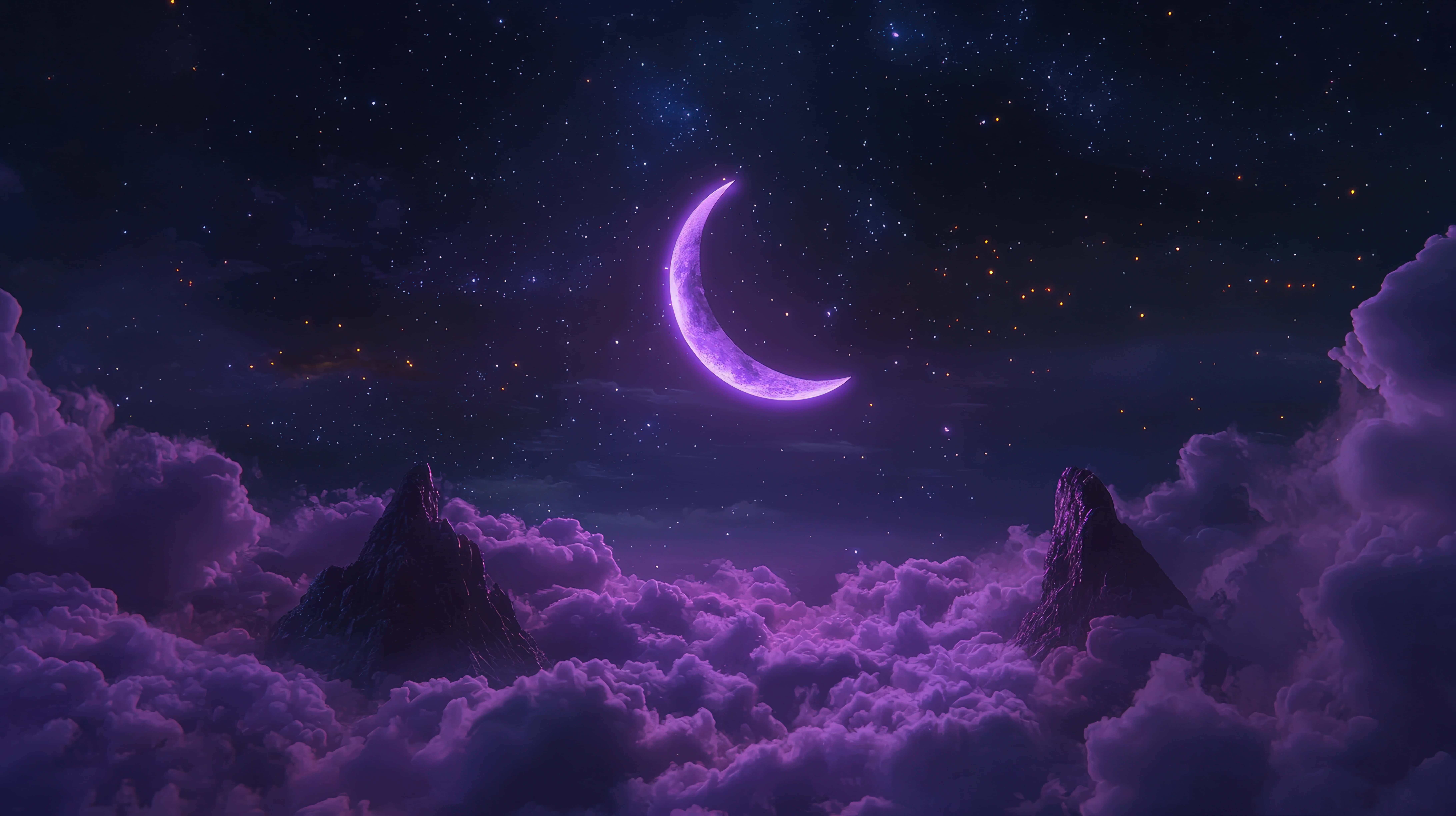 luminous purple crescent moon, dreamy starry night sky, misty clouds, 8K Desktop Wallpaper