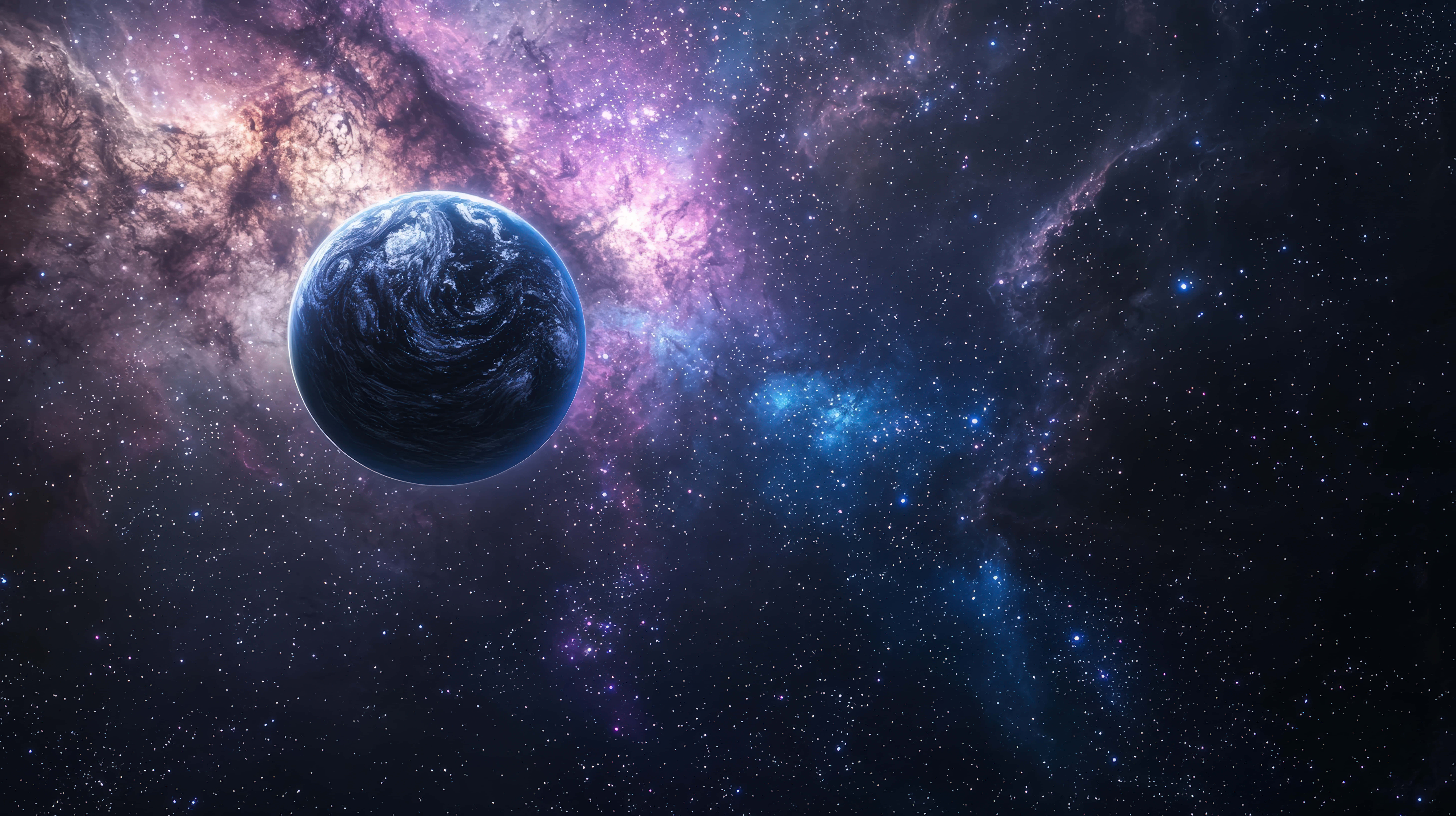 deep blue exoplanet, cosmic nebula, swirling clouds, 8K Desktop Wallpaper