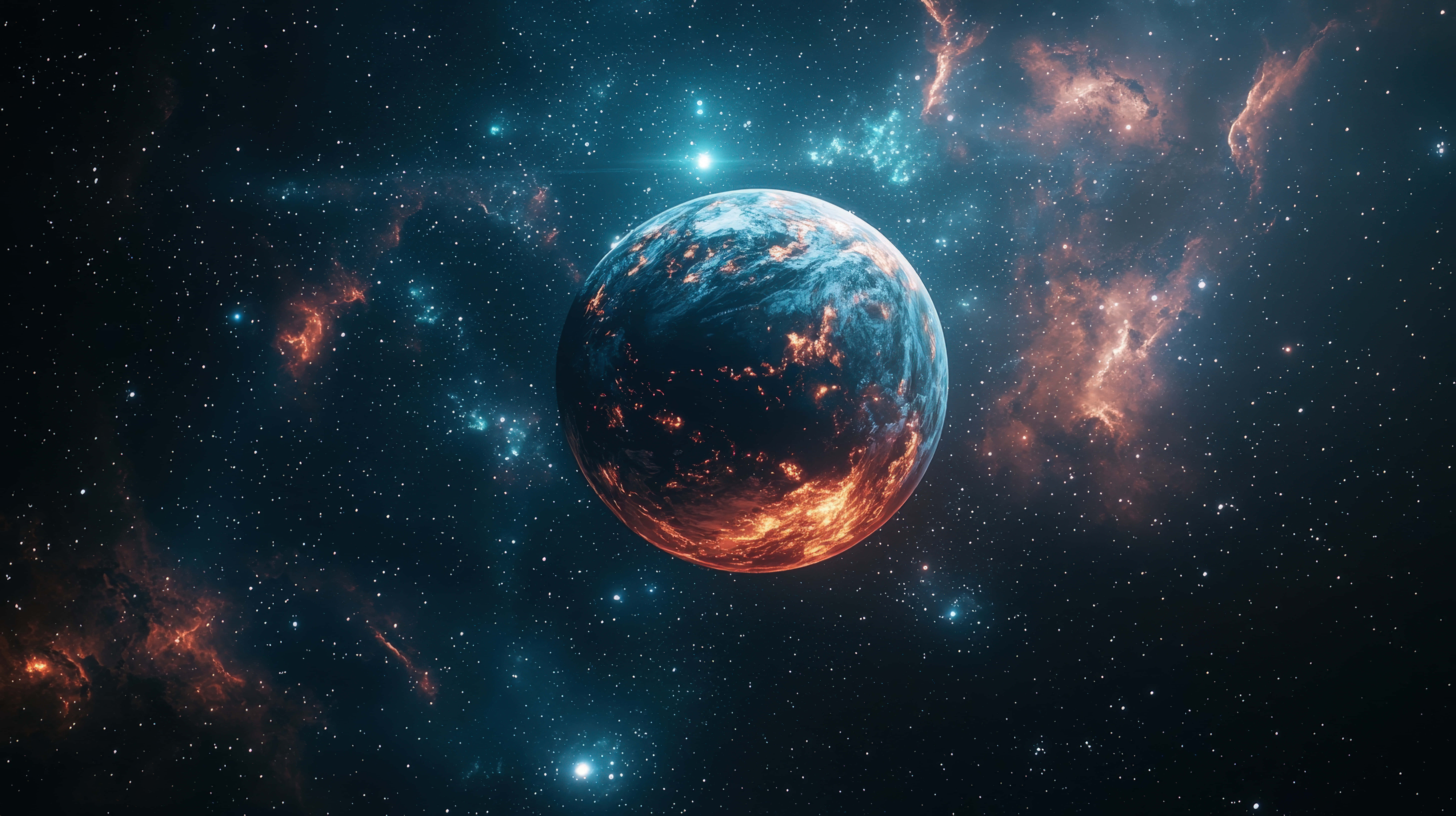 fiery exoplanet, glowing atmosphere, fiery orange continents, 8K Desktop Wallpaper