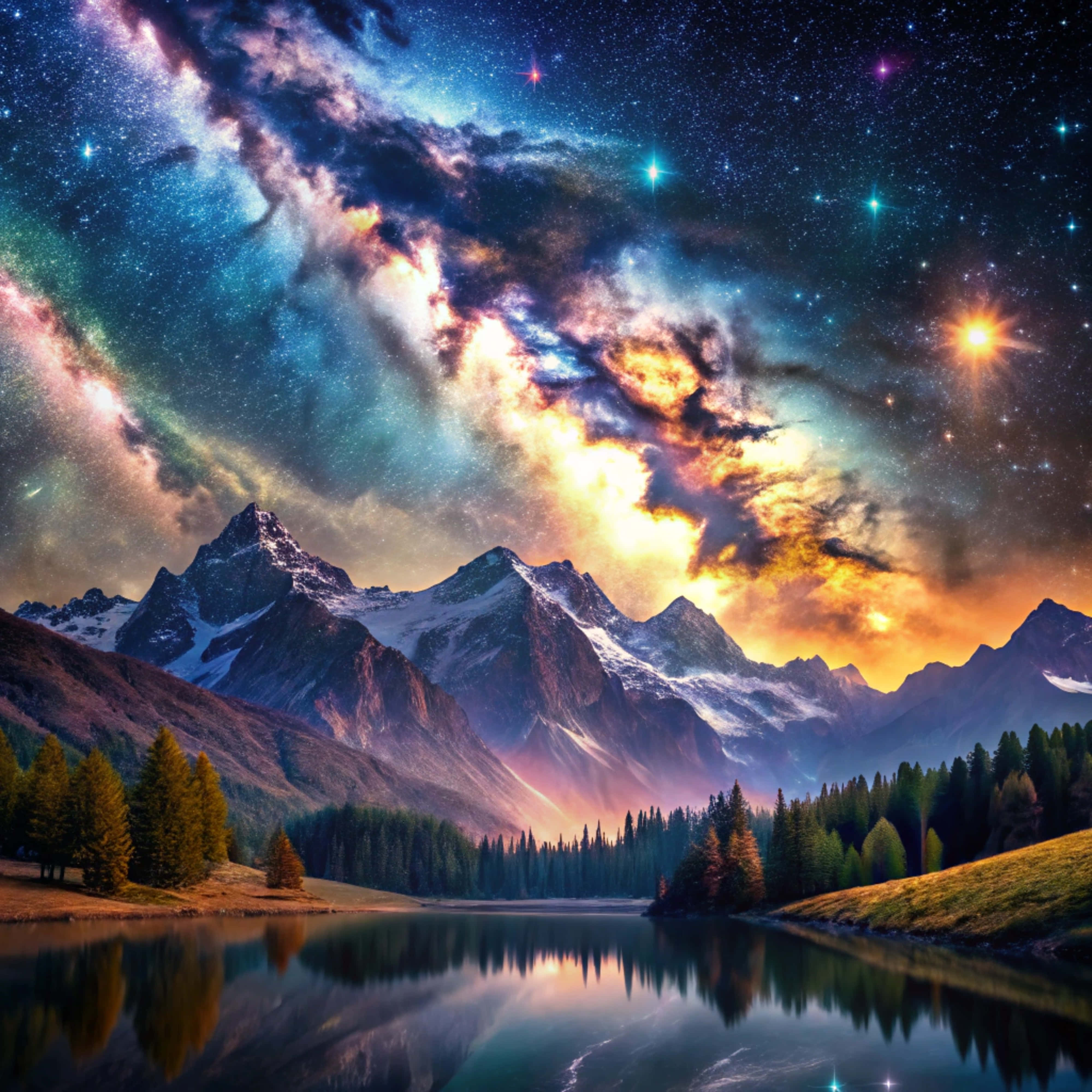 starry sky, mountain lake, cosmic sky, 4K Desktop Wallpaper