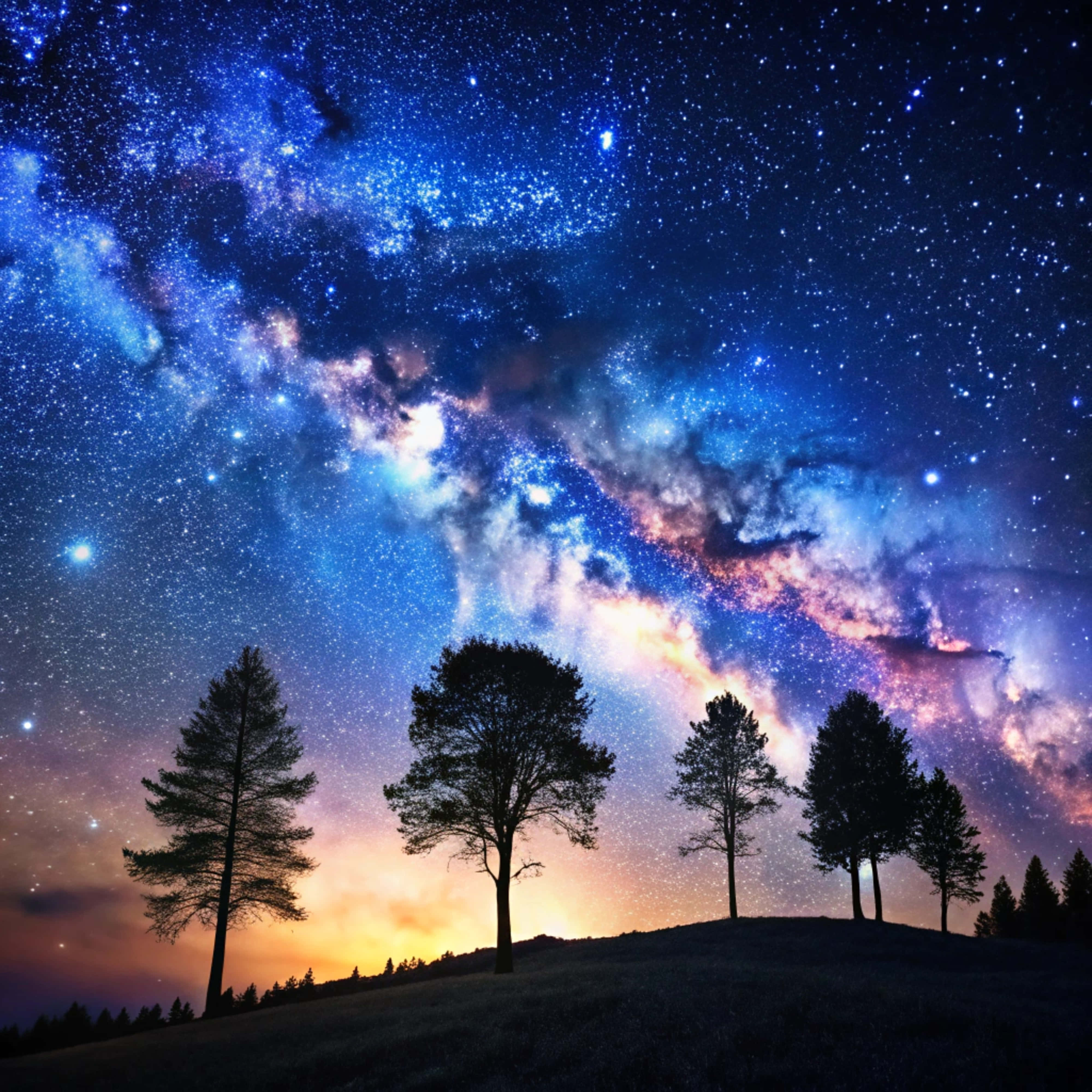 Night sky, vibrant blue and purple galaxy, cosmic dust, 4K Desktop Wallpaper