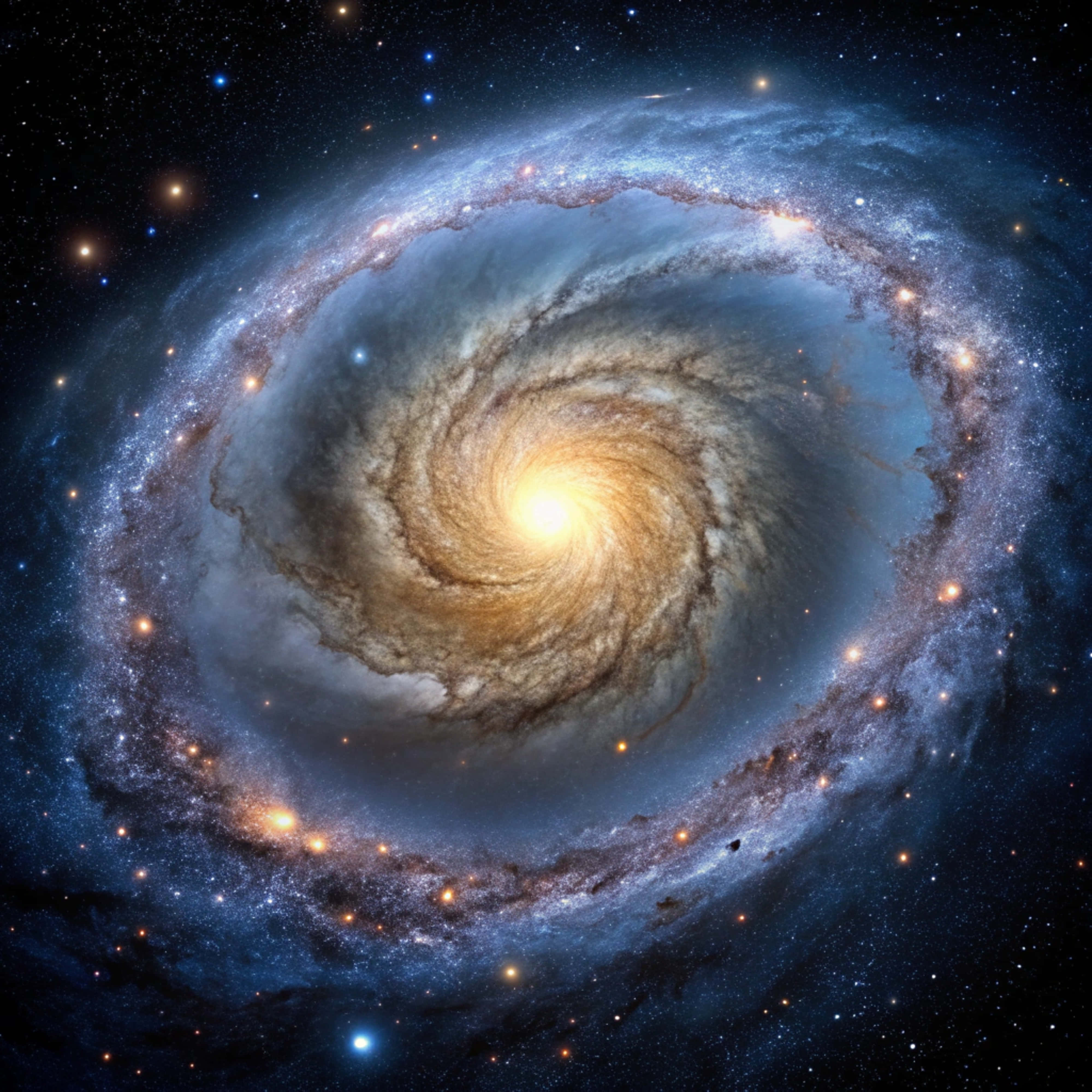 spiral galaxy, golden core, swirling blue arms, 4K Desktop Wallpaper