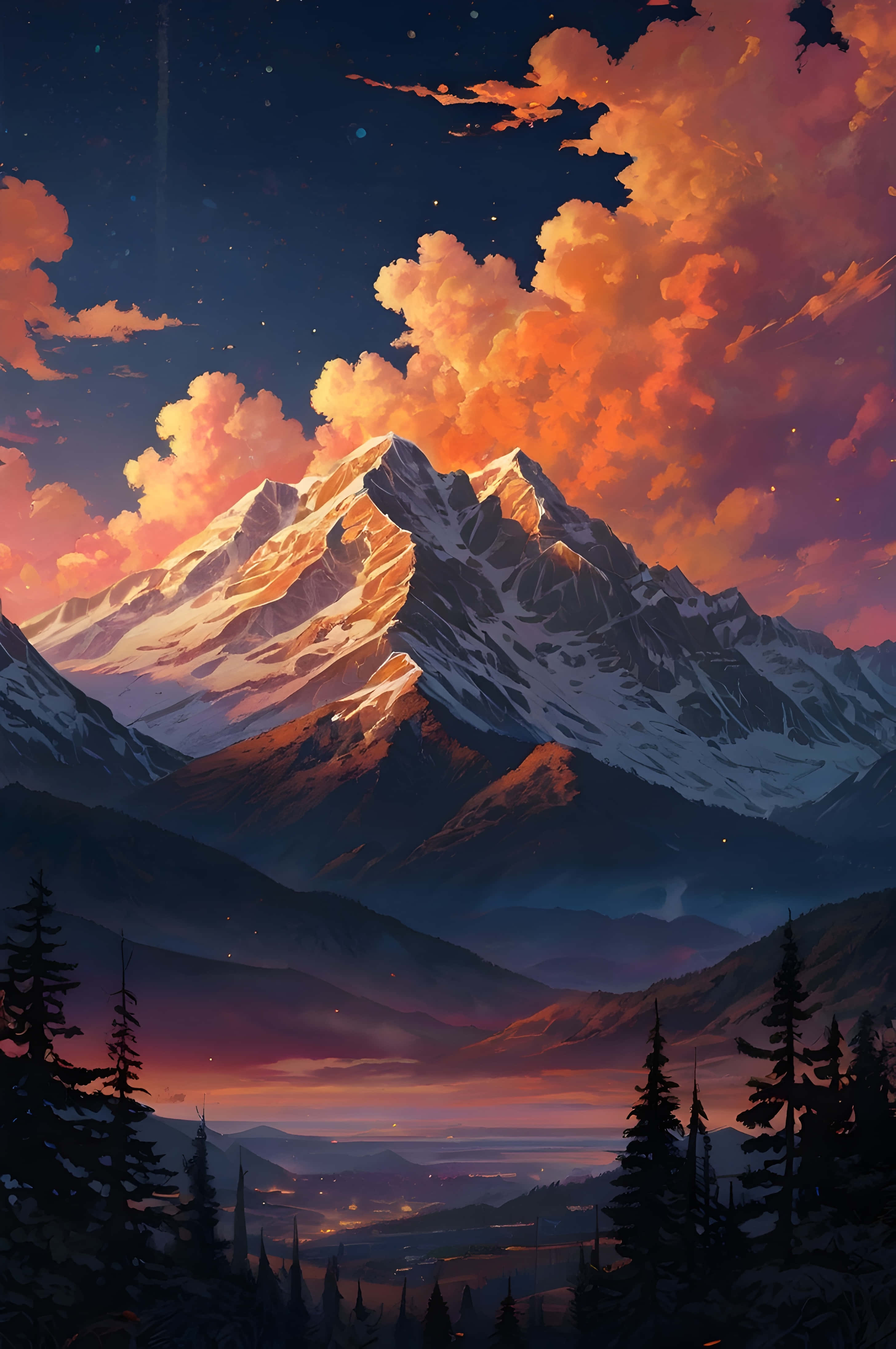 starry winter night horizon, snowcapped mountain peak, golden twilight light, 4K Phone Wallpaper