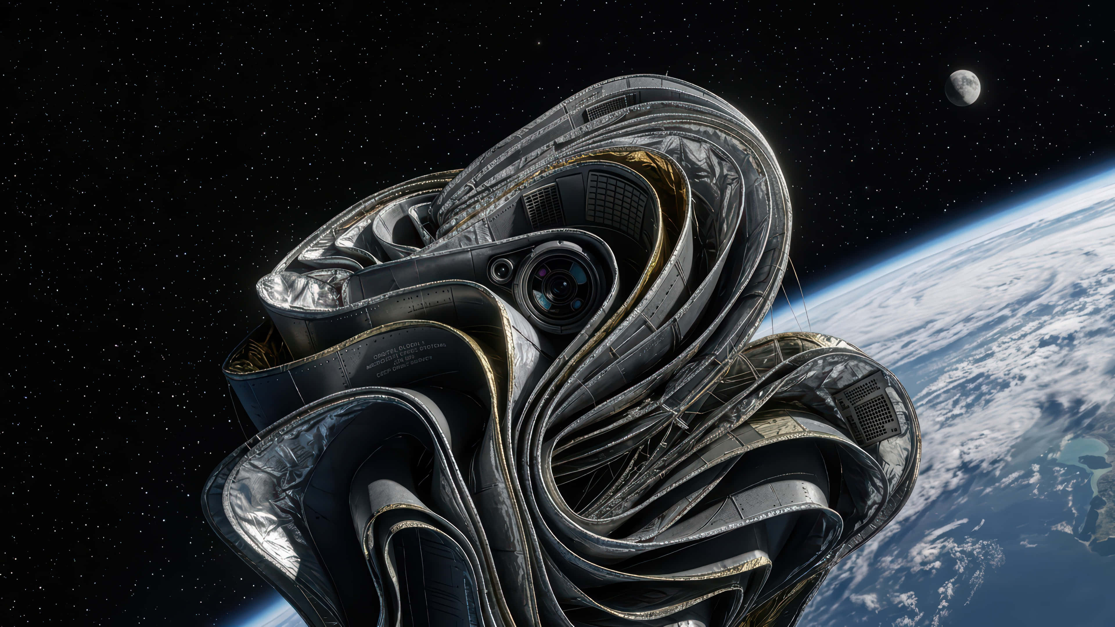 satellite bloom, space modded wallpaper, metallic spiral structure, 4K Desktop Wallpaper