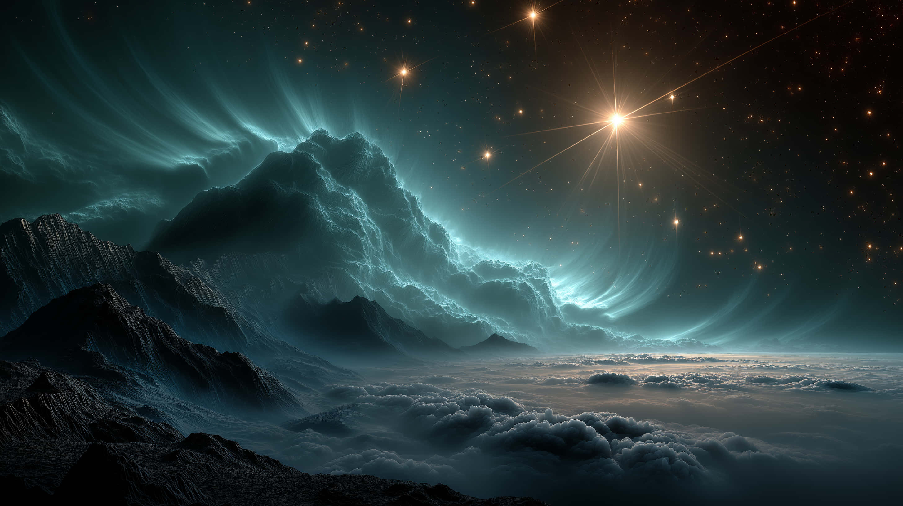 cosmic nebula, starry teal sky, jagged mountains, 2K Desktop Wallpaper