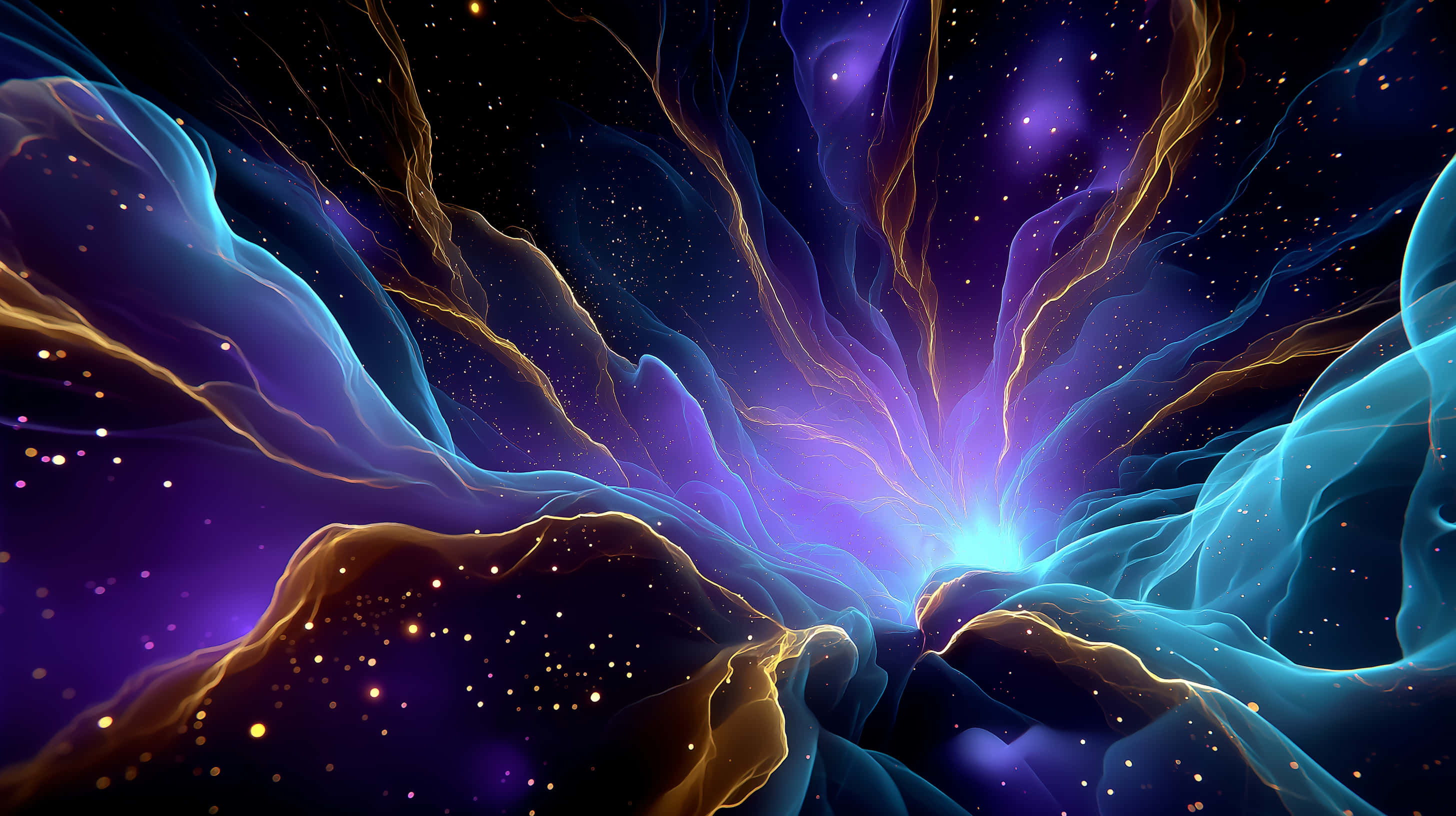 cosmic nebula, glowing blue and gold tendrils, bright central core, 2K Desktop Wallpaper