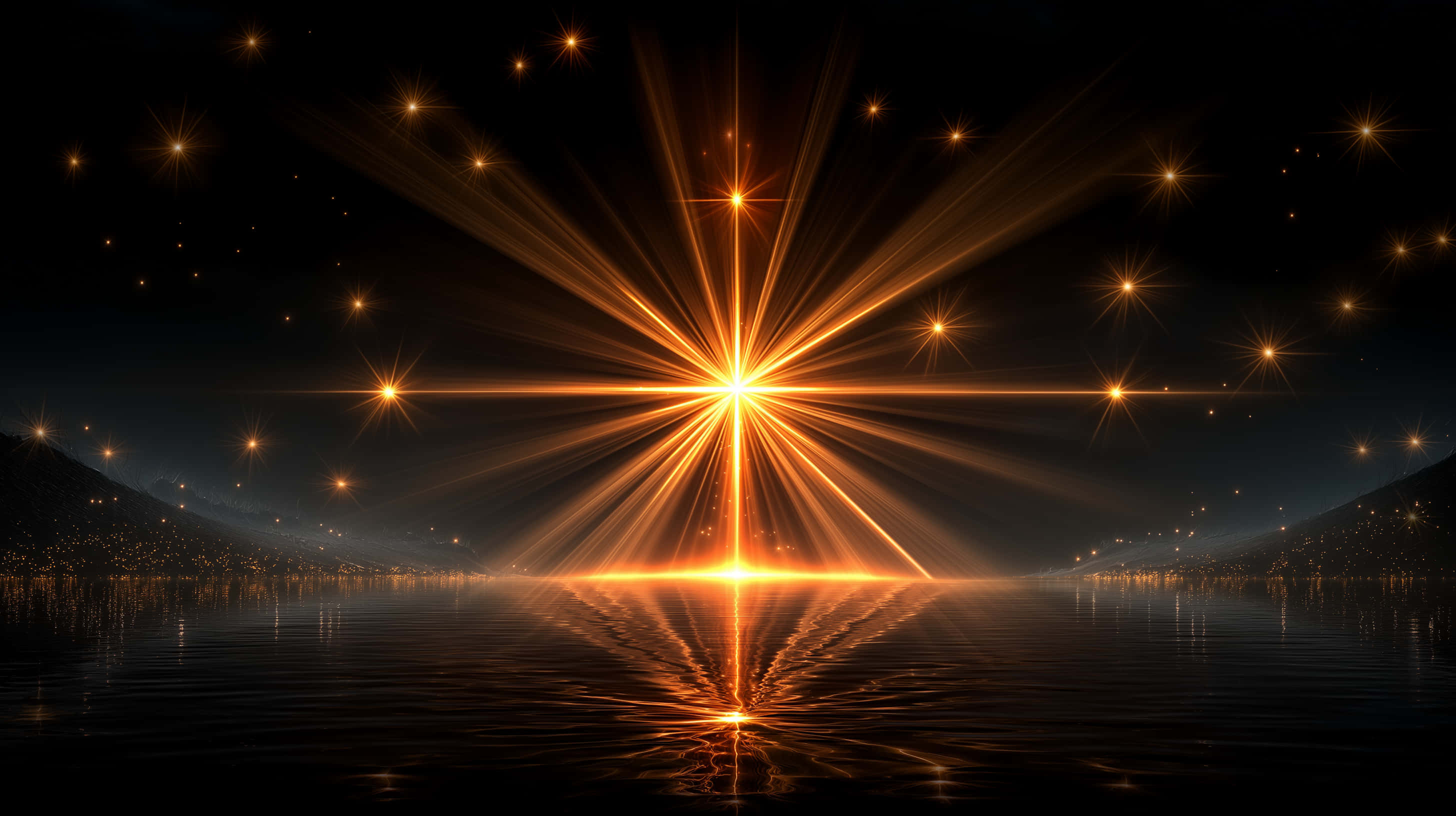 starlit reflection, golden rays, calm lake, 2K Desktop Wallpaper