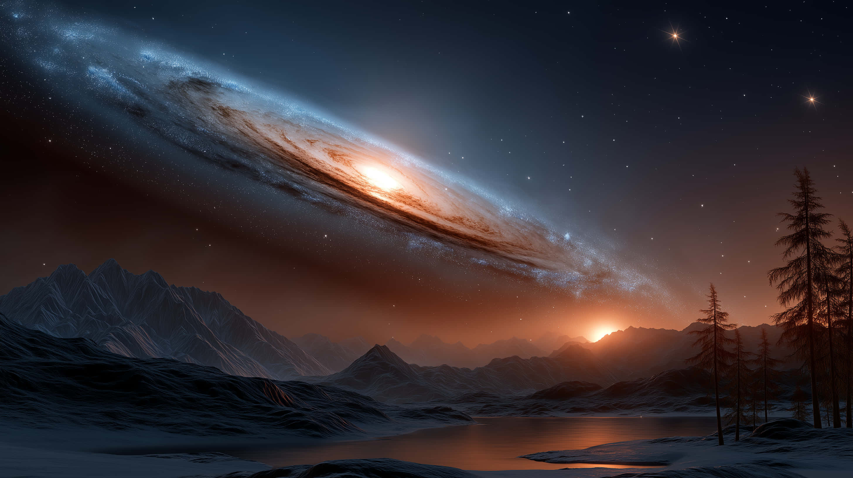 spiral galaxy, frozen lake, mountains, 2K Desktop Wallpaper
