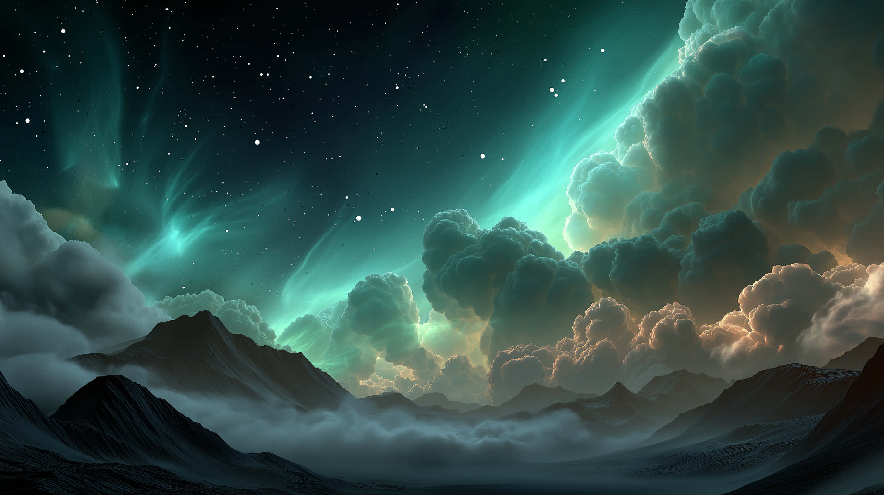 aurora borealis, emerald green, jagged mountains, 2K Desktop Wallpaper