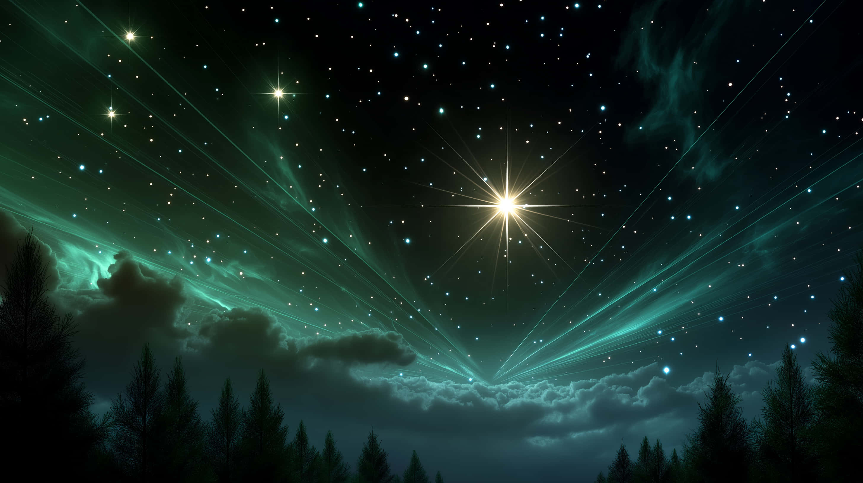 celestial night sky, radiant starbeams, vibrant green auroras, 2K Desktop Wallpaper