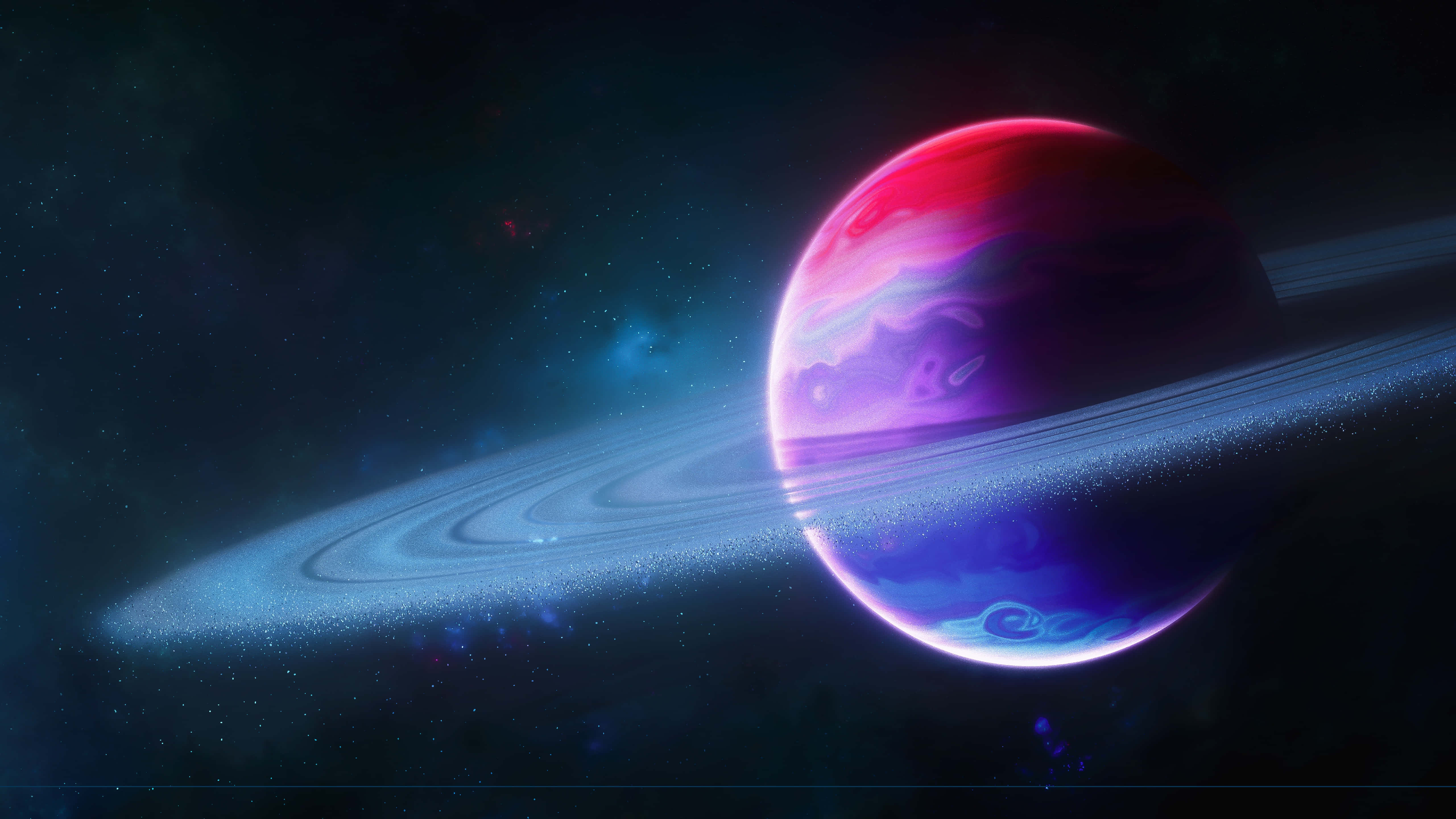 saturn, red and blue ring, swirling red purple and blue clouds, 5K Desktop Wallpaper