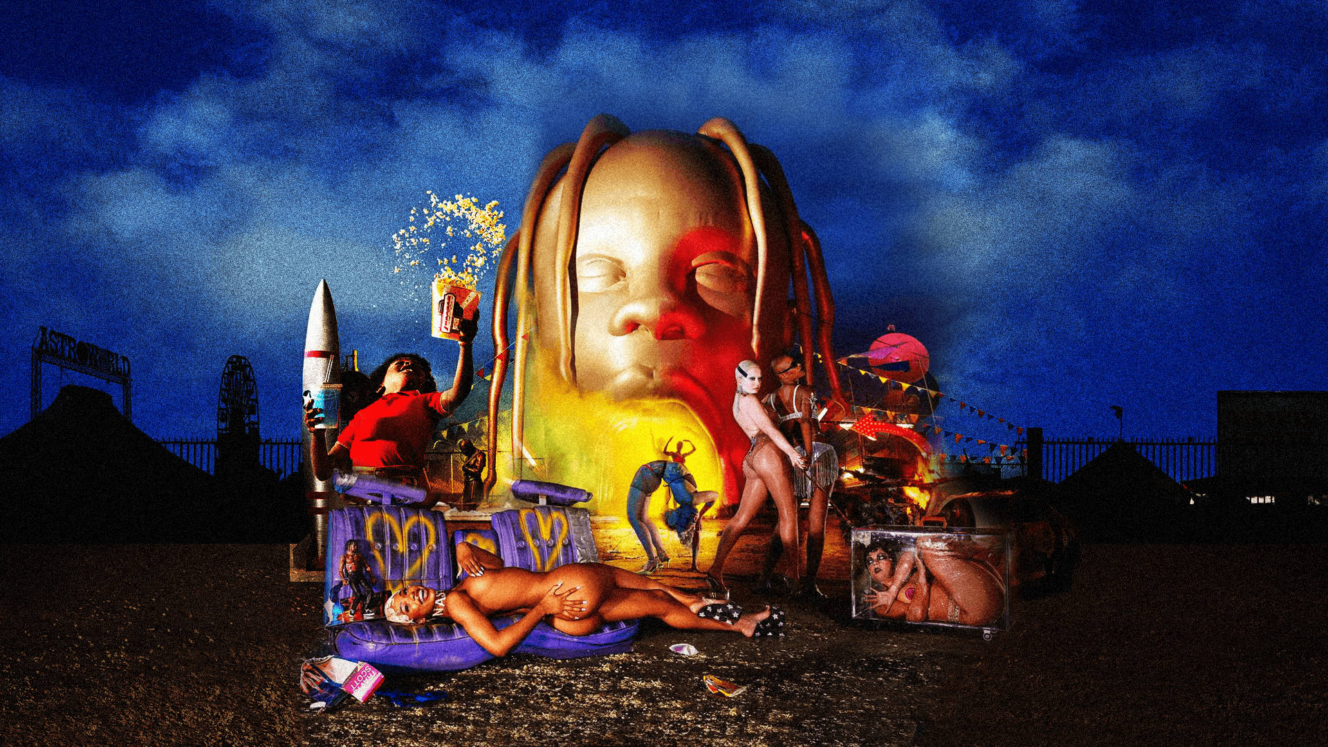 Astroworld, giant glowing head with dreadlocks, scantily clad figures, Full HD Desktop Wallpaper