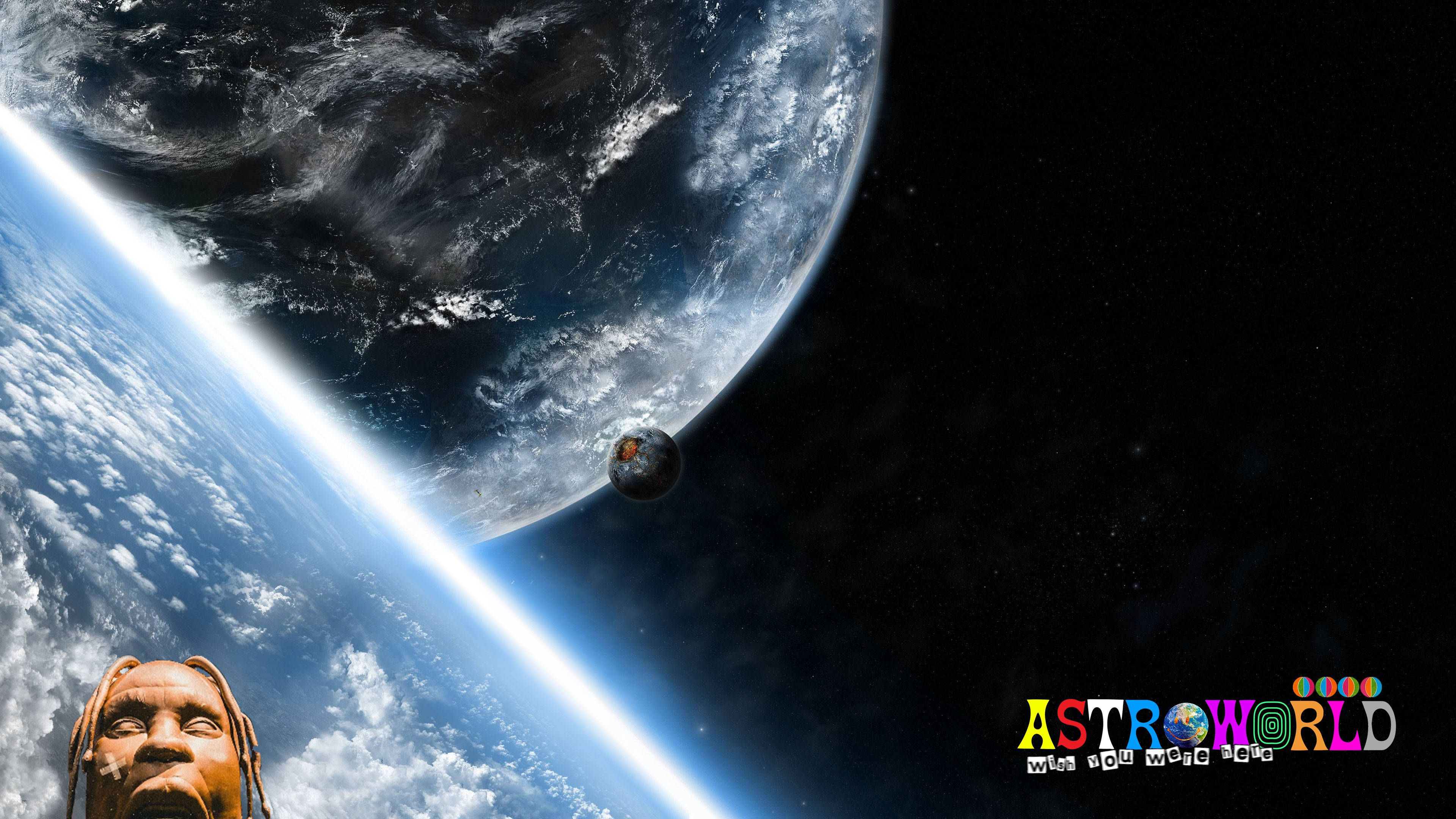 Astroworld, giant alien head, small planet, 4K Desktop Wallpaper