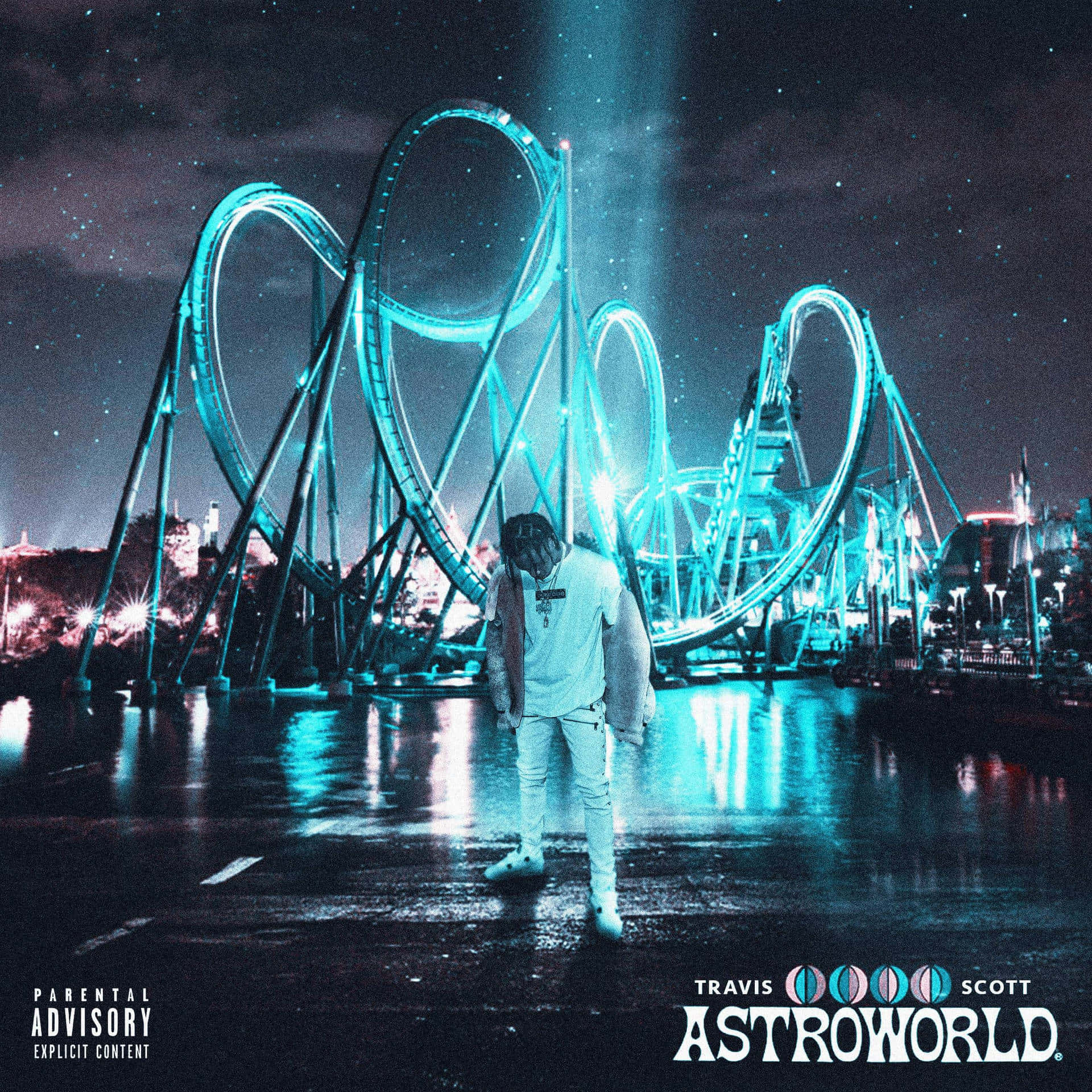 Astroworld, glowing turquoise roller coaster, starry night sky, Full HD Desktop Wallpaper