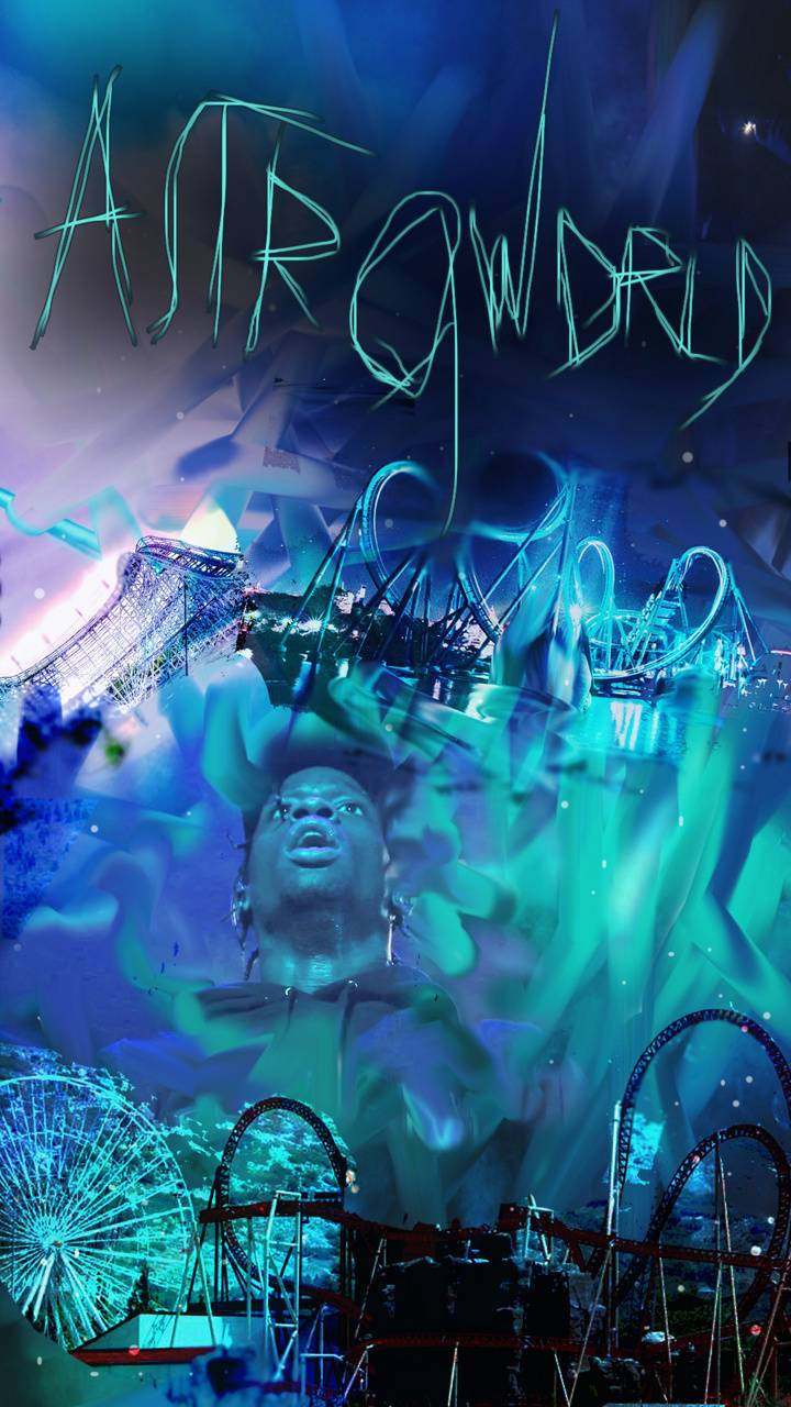 Astroworld, glowing blue and purple amusement park rides, man's face, HD Phone Wallpaper