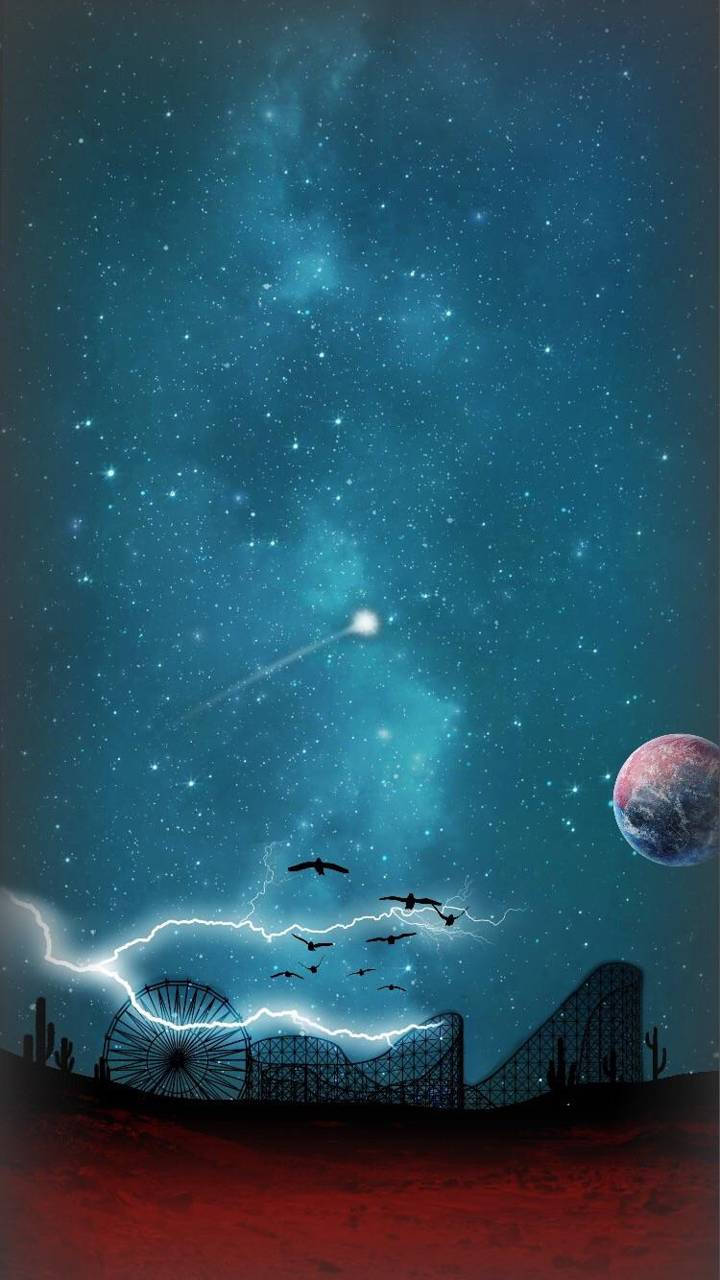 Astroworld, teal starry sky, lightning birds, HD Phone Wallpaper