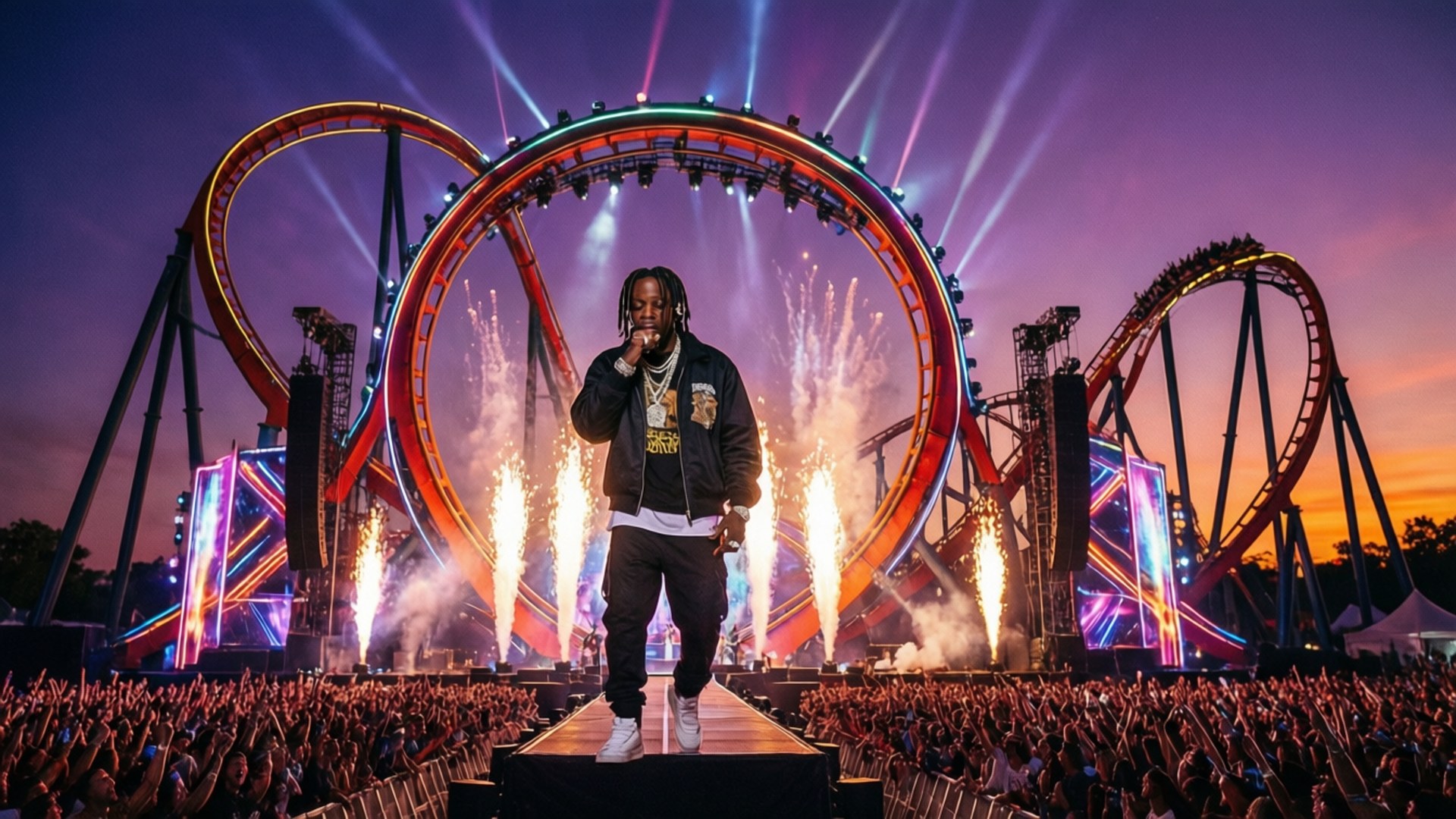 Astroworld, roller coaster, dusk, Full HD Desktop Wallpaper