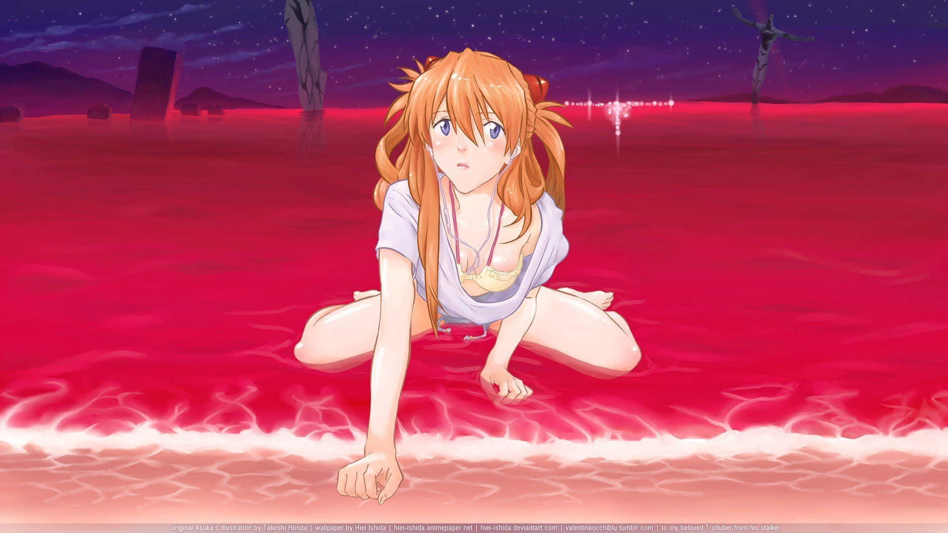 Asuka Langley Soryu, orange hair, glowing red water, Full HD Desktop Wallpaper