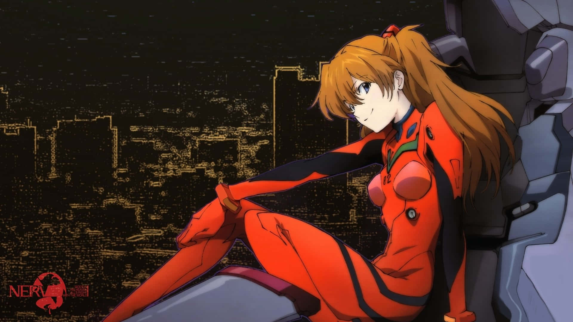Asuka Langley Soryu, red plug suit, giant mech, Full HD Desktop Wallpaper