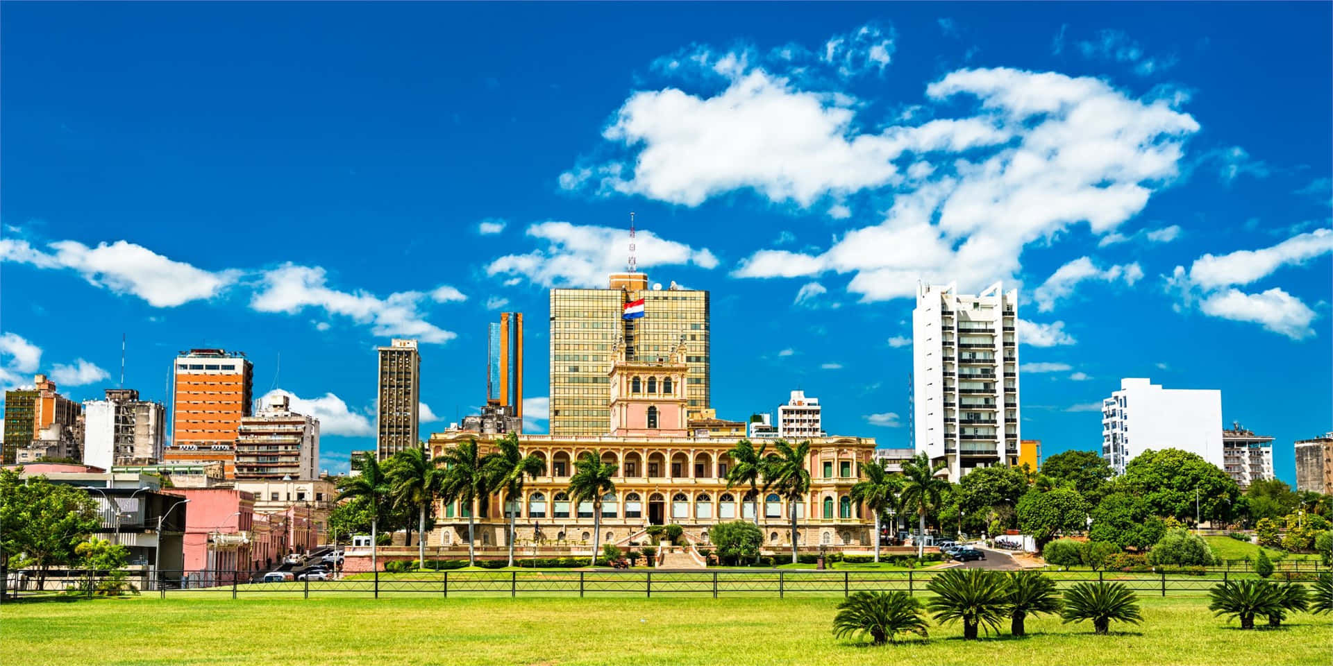Asuncion, historic building, palm trees, Full HD Desktop Wallpaper