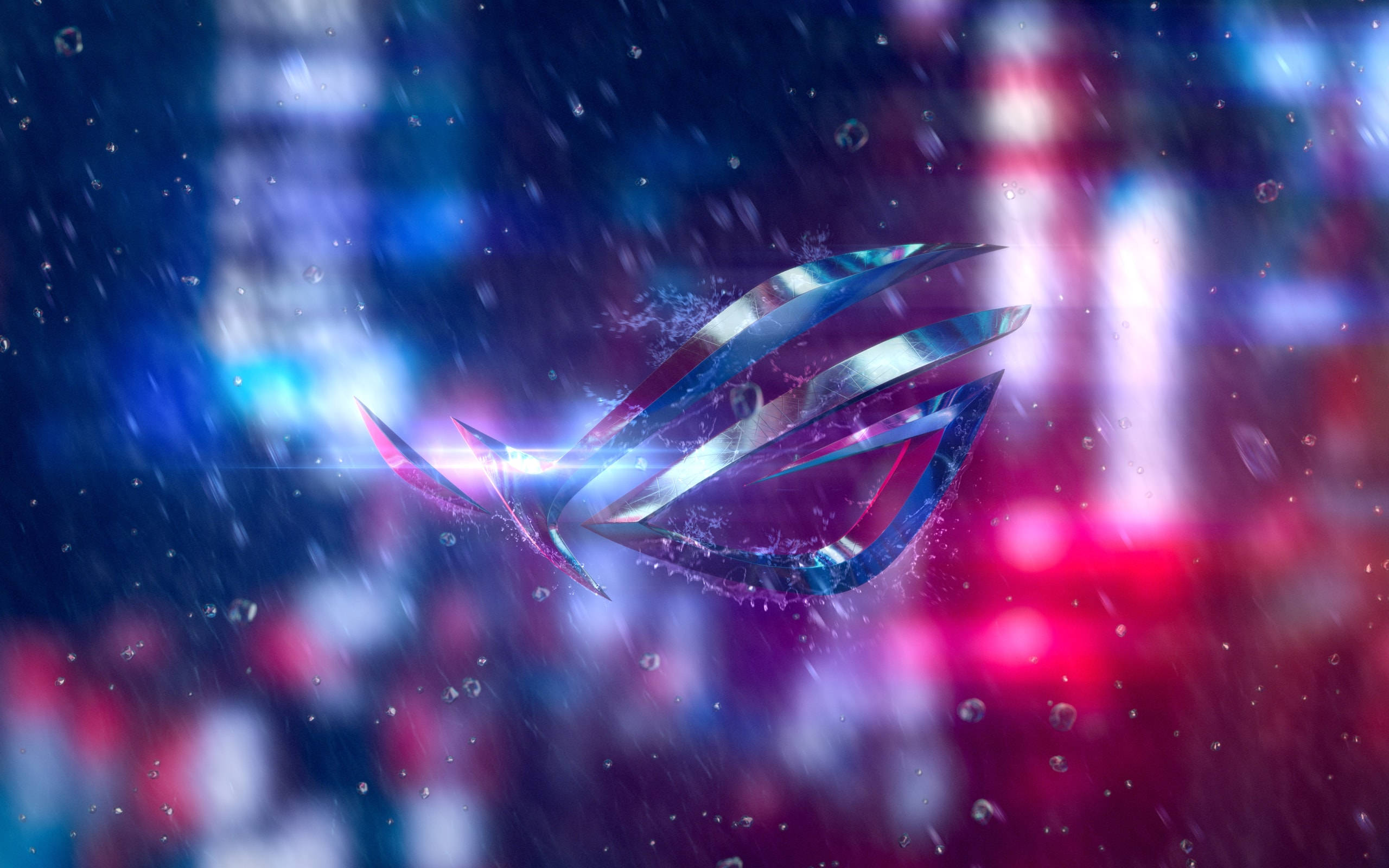 Asus Rog 4K Gaming, rainy city, glowing metallic ROG logo, 2K Desktop Wallpaper