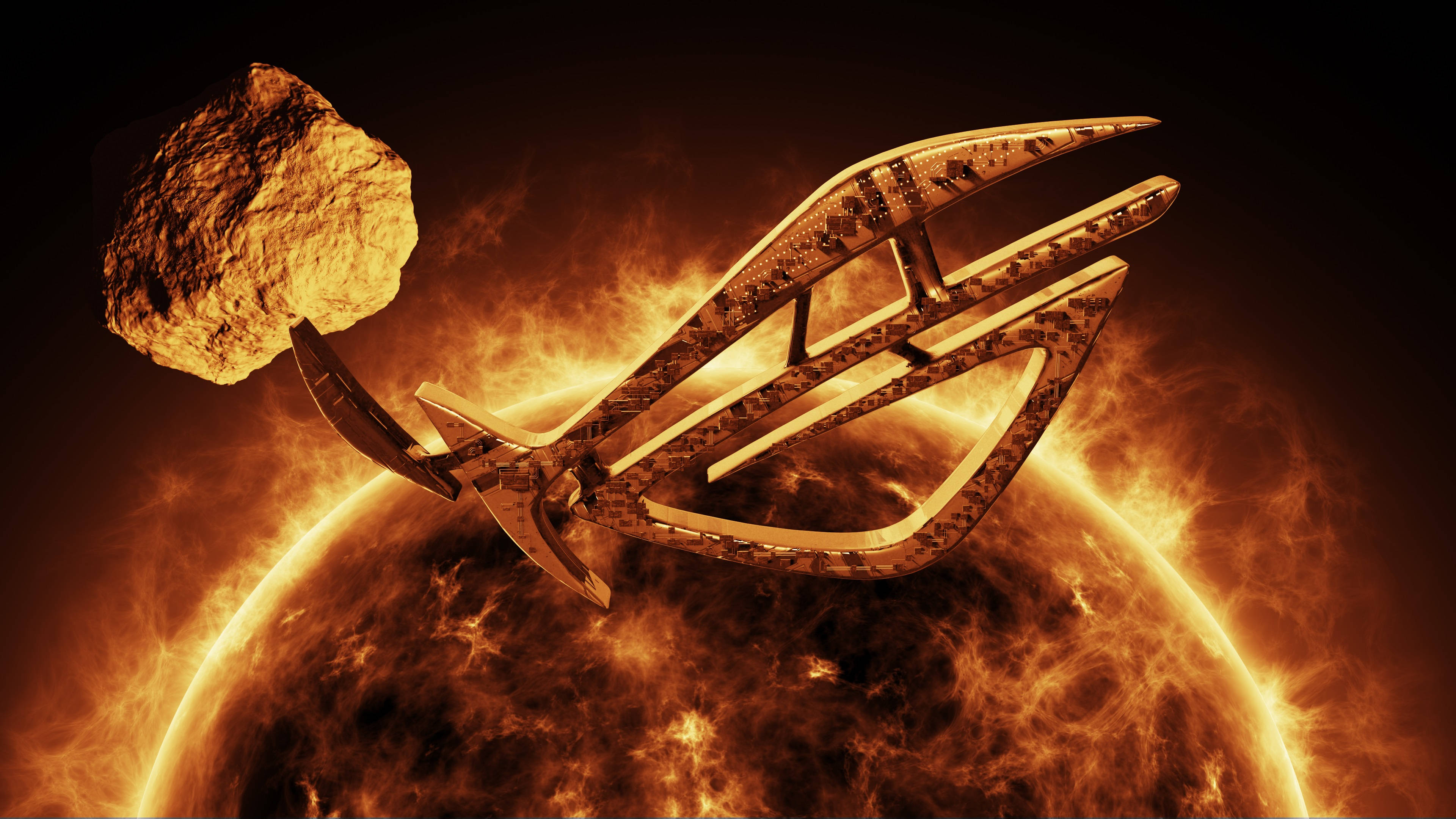 ASUS ROG 4K Gaming, golden ROG logo, fiery planet, 4K Desktop Wallpaper