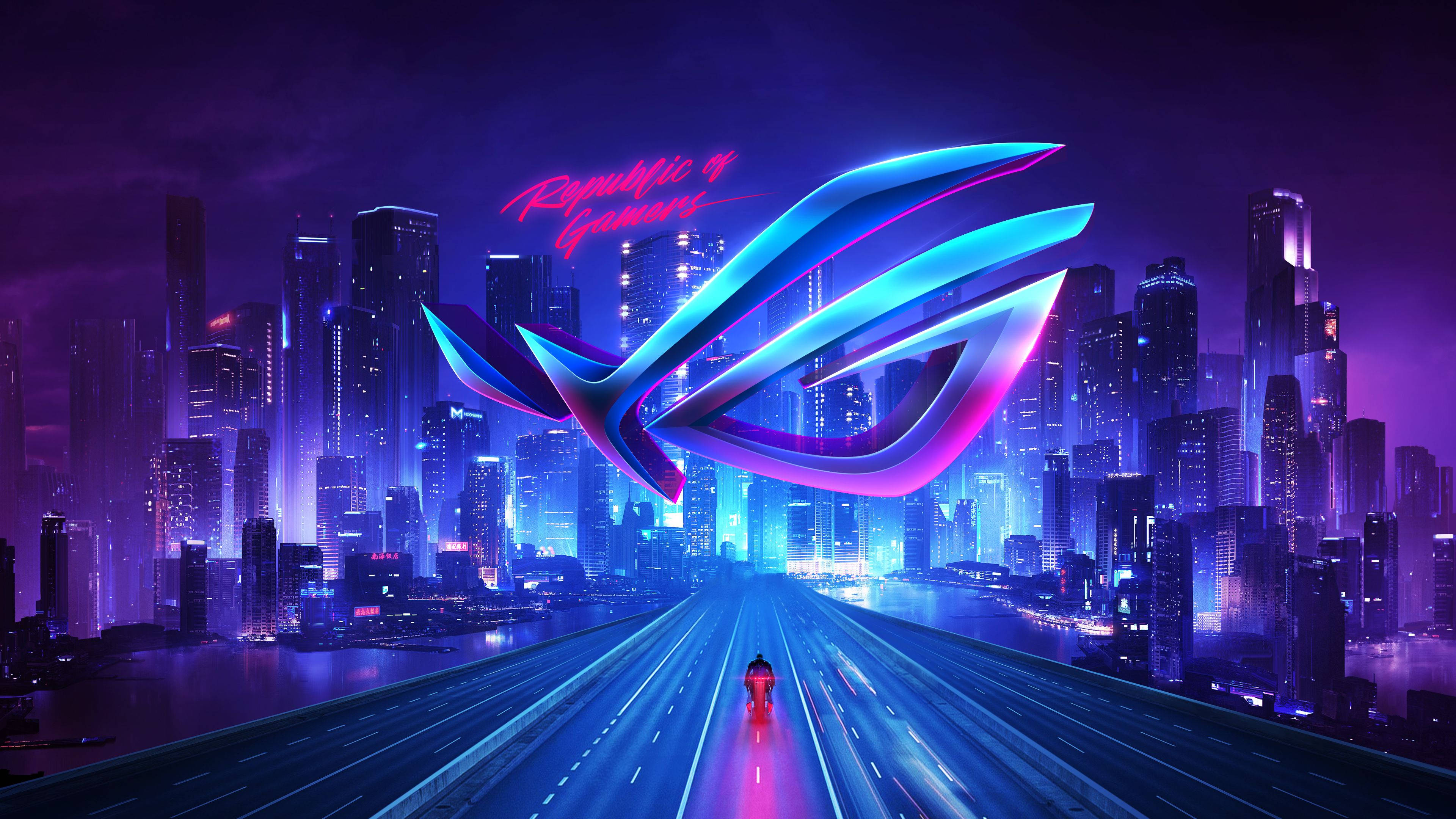 ASUS ROG 4K Gaming, neon ROG logo, cyberpunk cityscape, 4K Desktop Wallpaper