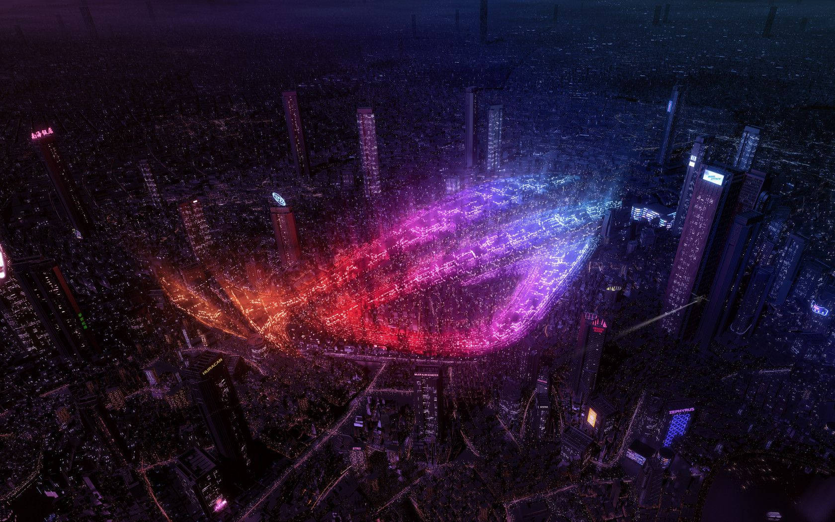 Asus Rog 4K Gaming, glowing purple and red digital wave, futuristic city, HD Desktop Wallpaper