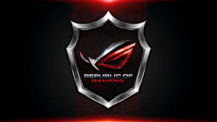 ASUS ROG Logo, glowing red ROG eye logo, metallic silver shield, SD Desktop Wallpaper