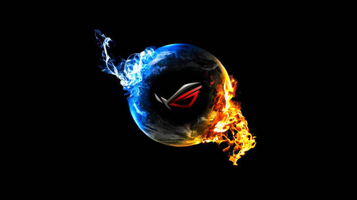 ASUS ROG Logo, orange flames, blue ice, SD Desktop Wallpaper